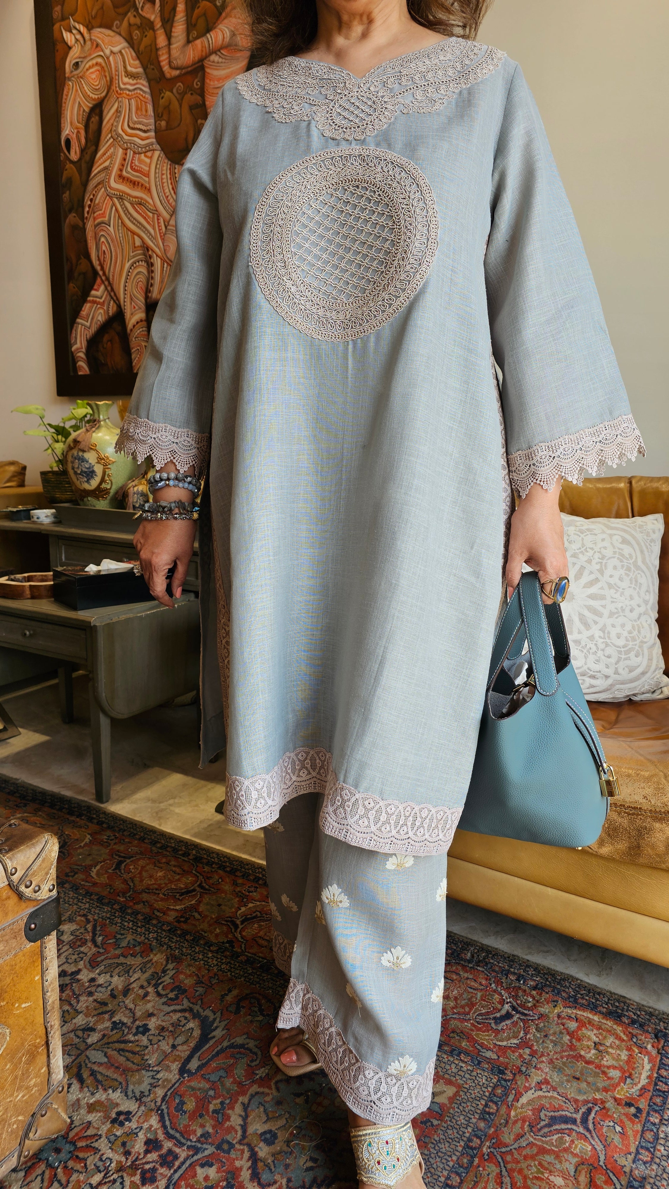 Beautiful Grey Linen embroidered pants with dori work embroidery kurta trimmed with laces