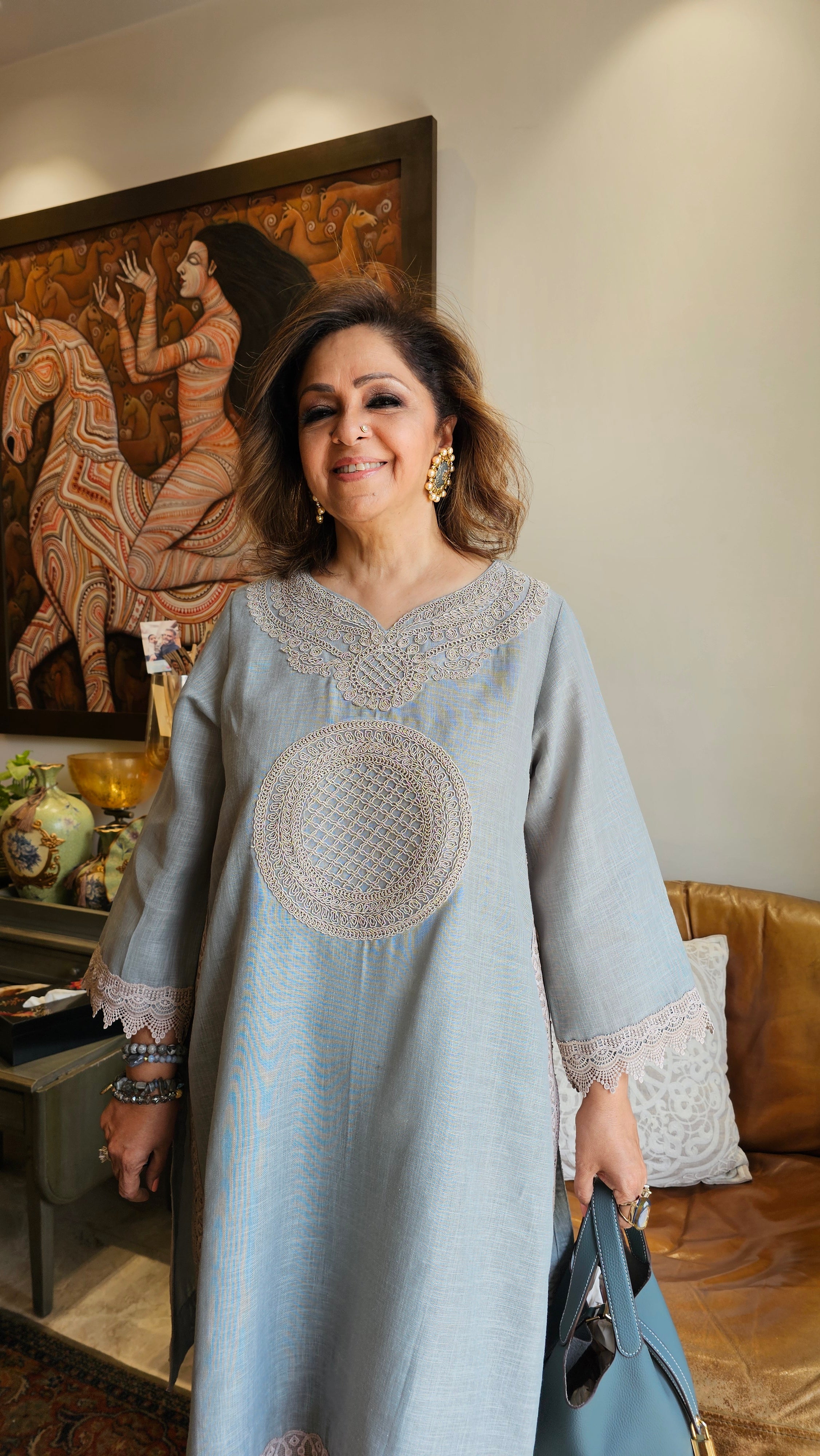 Beautiful Grey Linen embroidered pants with dori work embroidery kurta trimmed with laces