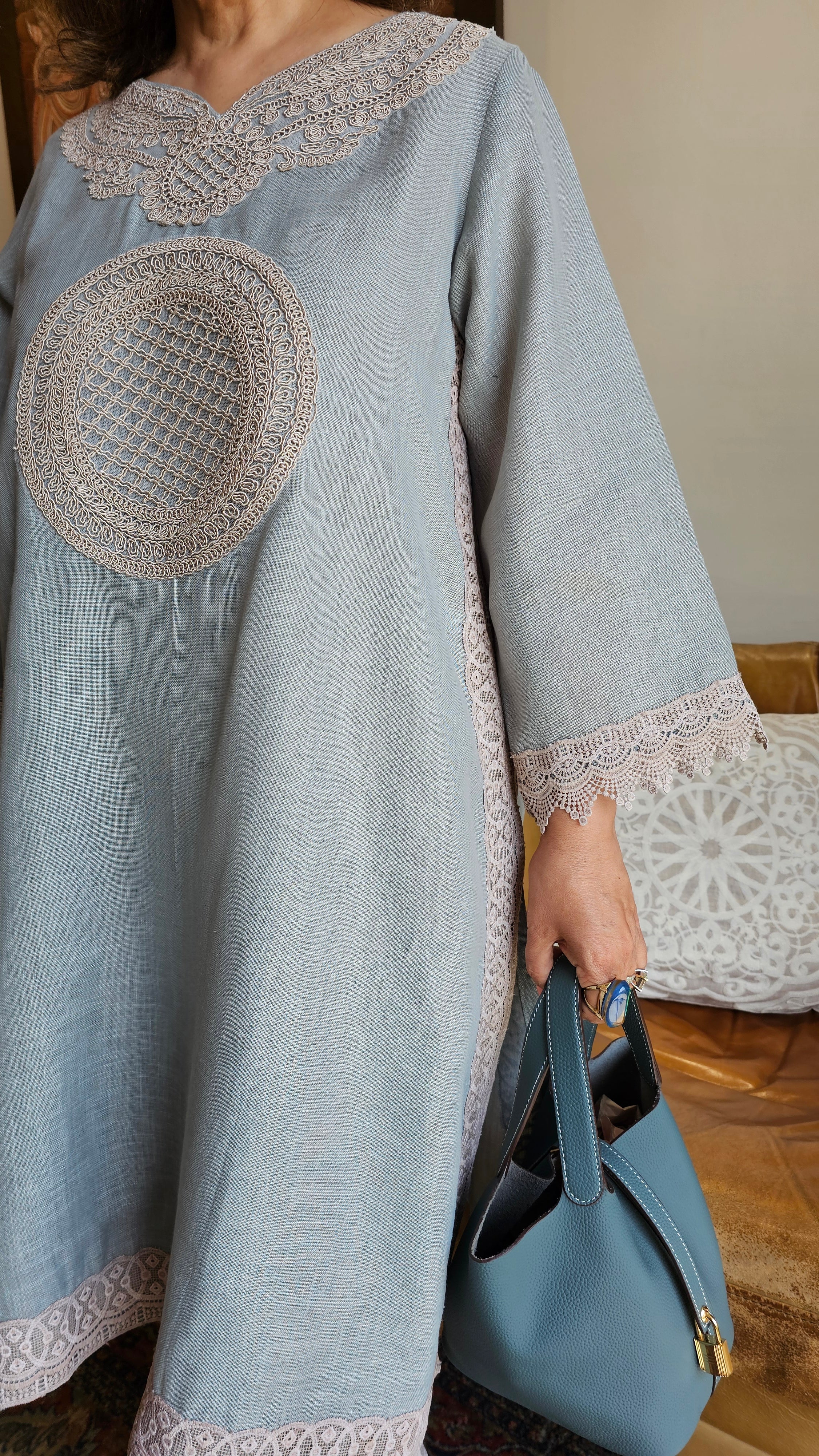 Beautiful Grey Linen embroidered pants with dori work embroidery kurta trimmed with laces