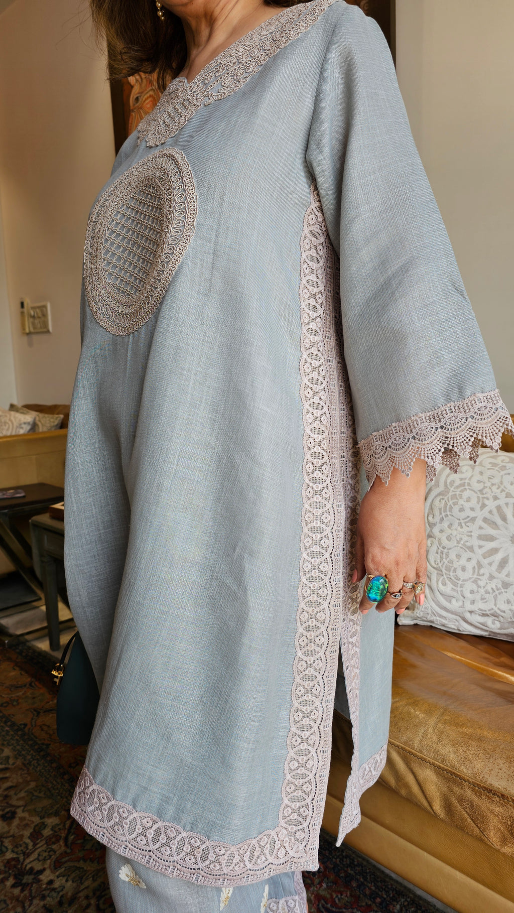 Beautiful Grey Linen embroidered pants with dori work embroidery kurta trimmed with laces