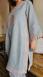 Beautiful Grey Linen embroidered pants with dori work embroidery kurta trimmed with laces