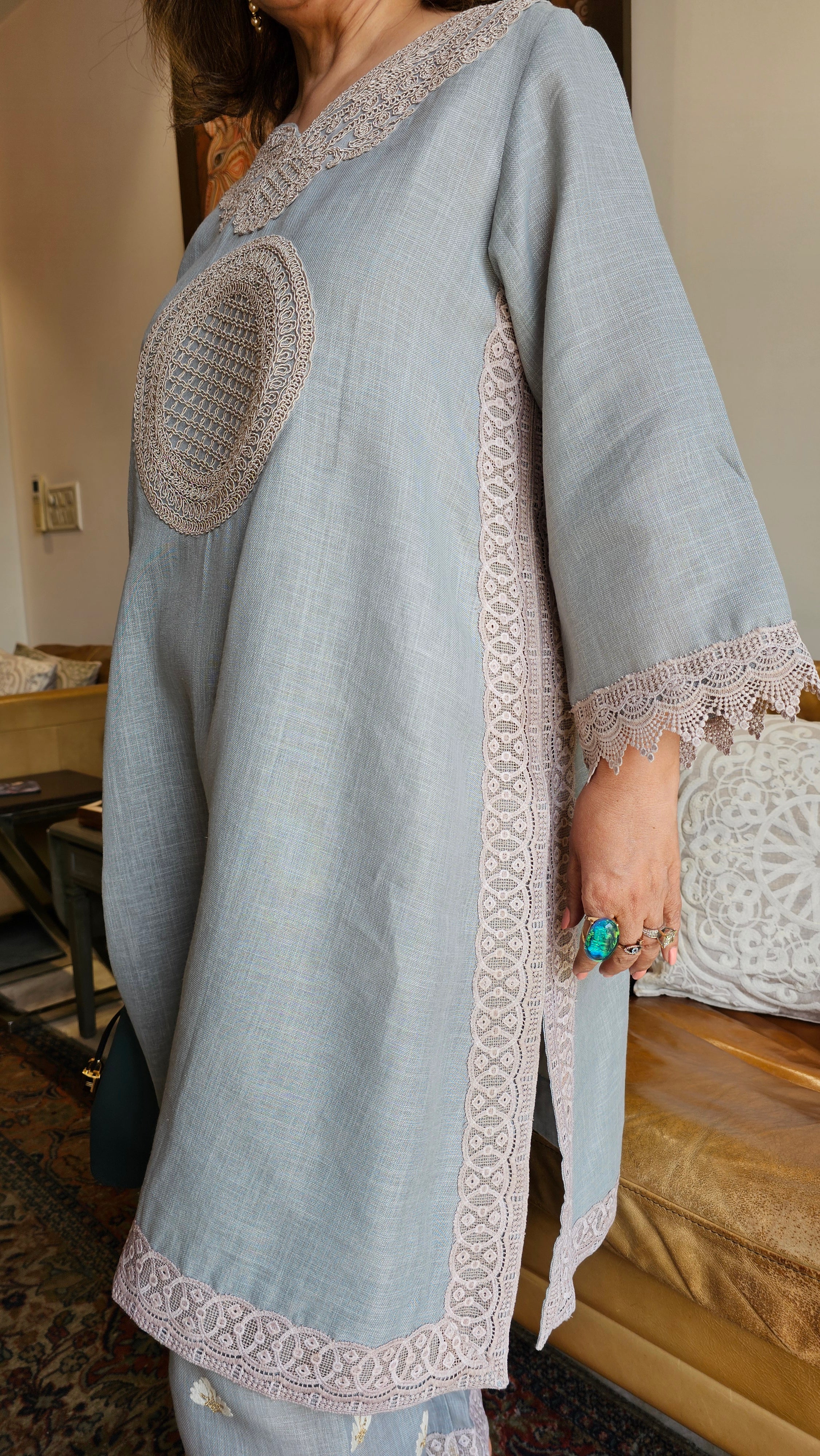 Beautiful Grey Linen embroidered pants with dori work embroidery kurta trimmed with laces