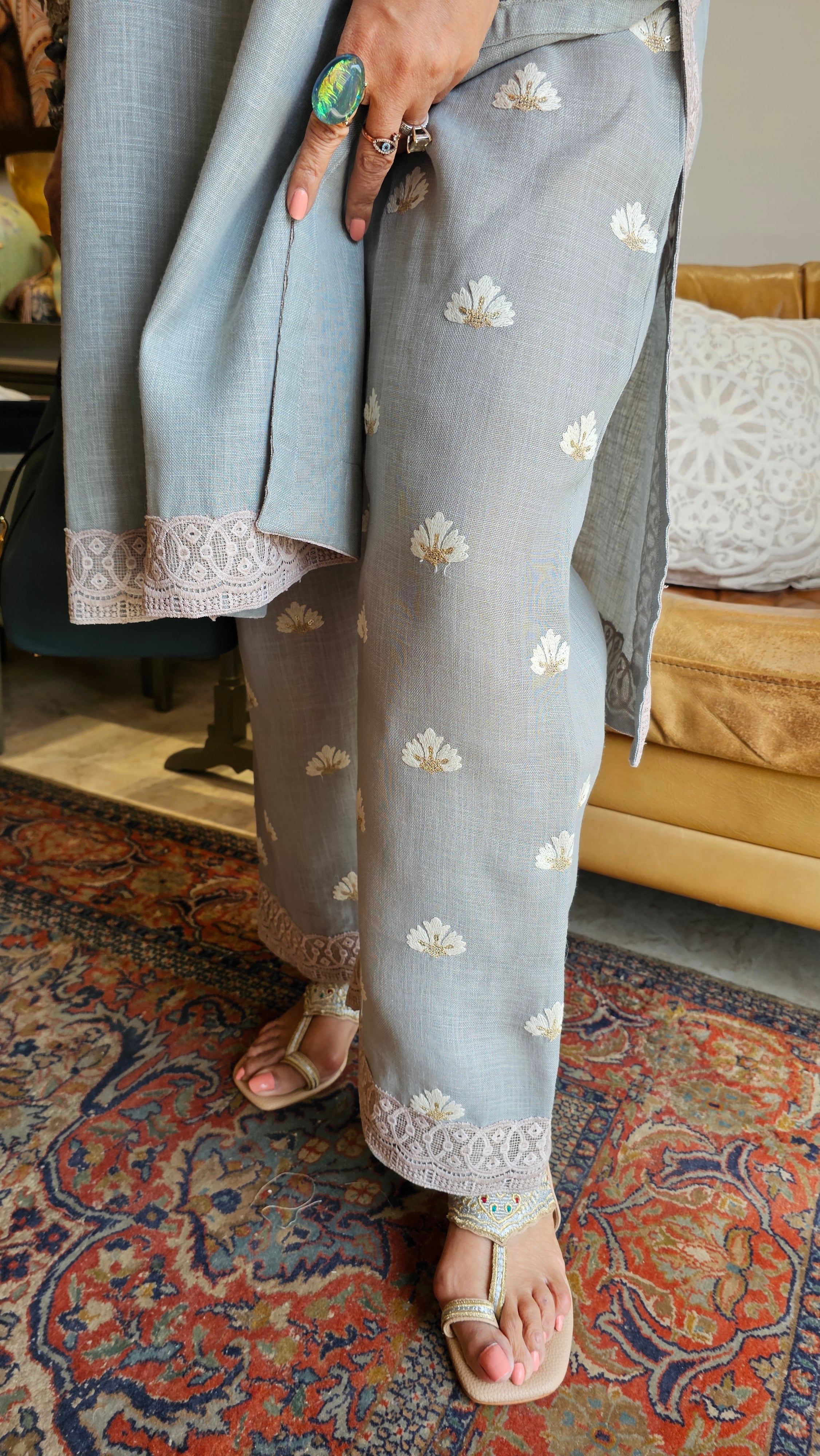 Beautiful Grey Linen embroidered pants with dori work embroidery kurta trimmed with laces