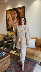Embroidered Cotton Kurta with lace and gota work and Cotton Crepe Gold Striped Bottom