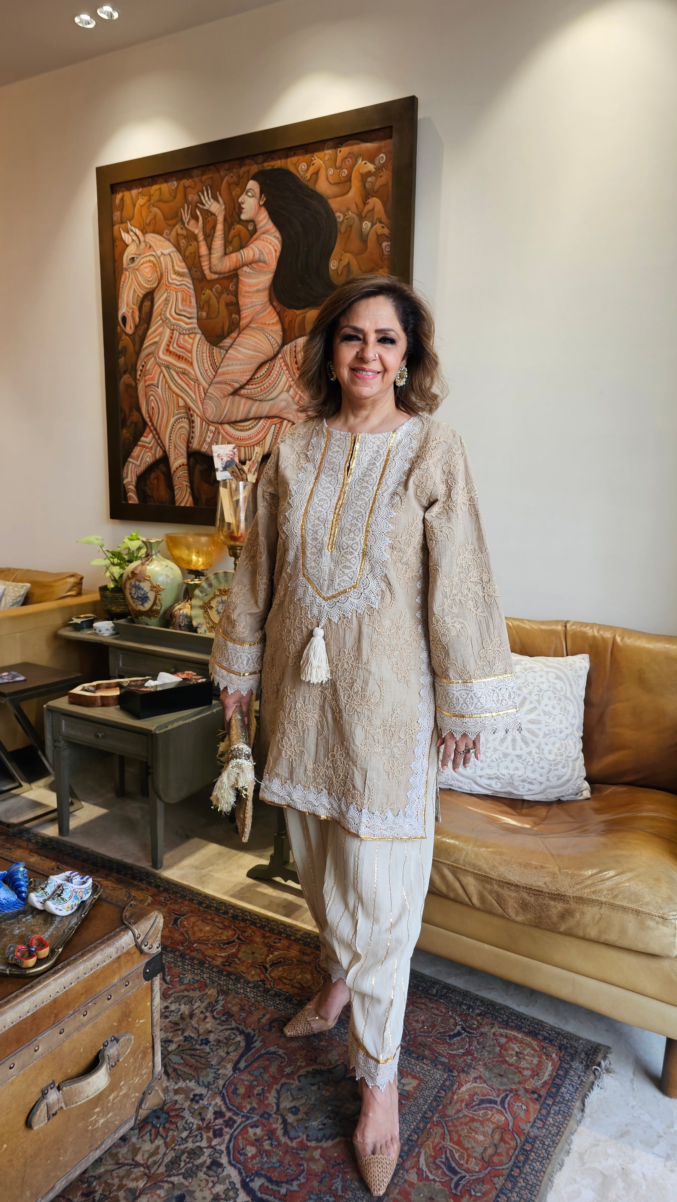 Embroidered Cotton Kurta with lace and gota work and Cotton Crepe Gold Striped Bottom