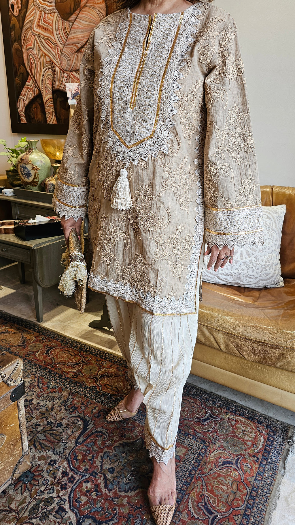 Embroidered Cotton Kurta with lace and gota work and Cotton Crepe Gold Striped Bottom
