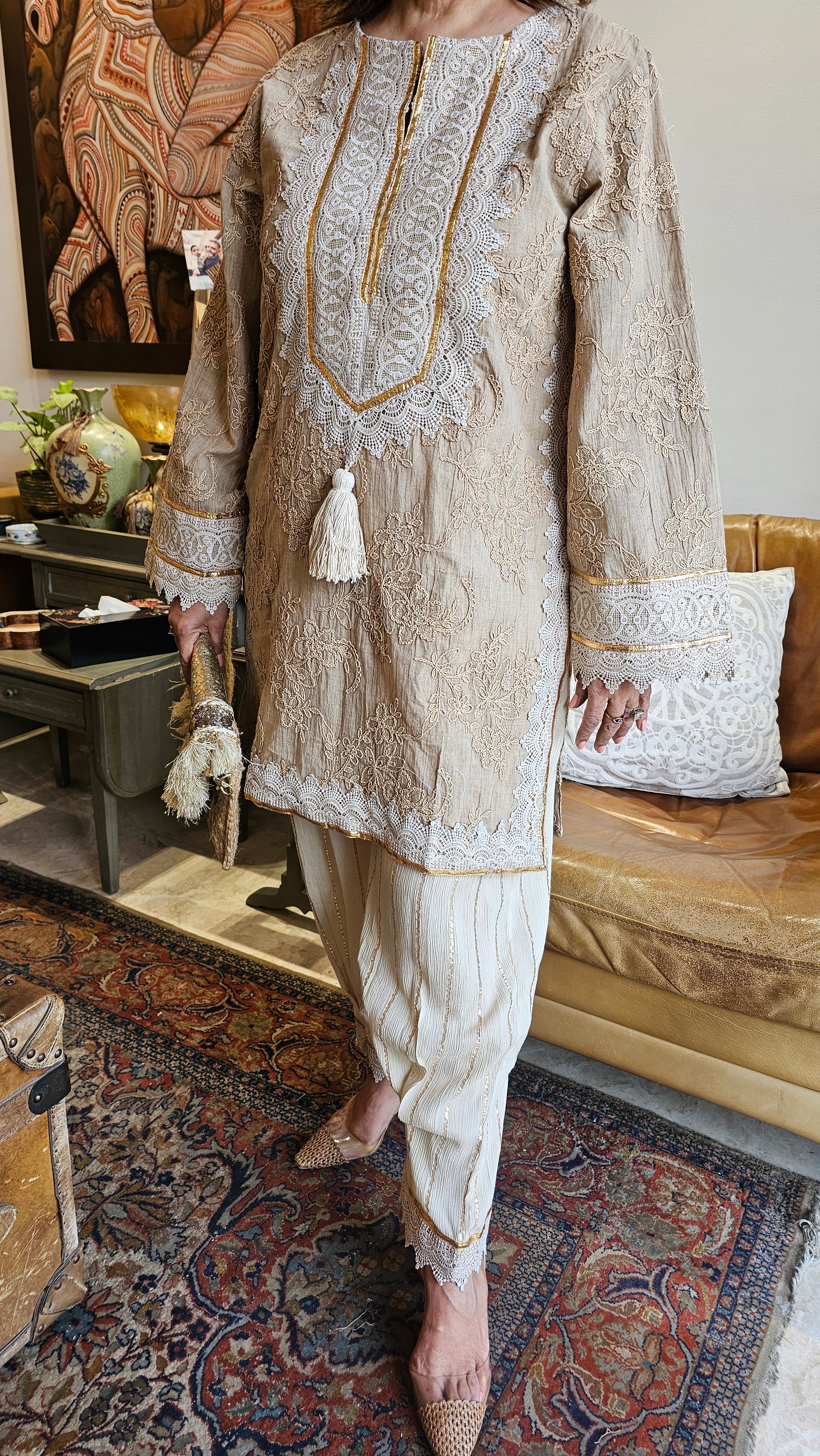 Embroidered Cotton Kurta with lace and gota work and Cotton Crepe Gold Striped Bottom