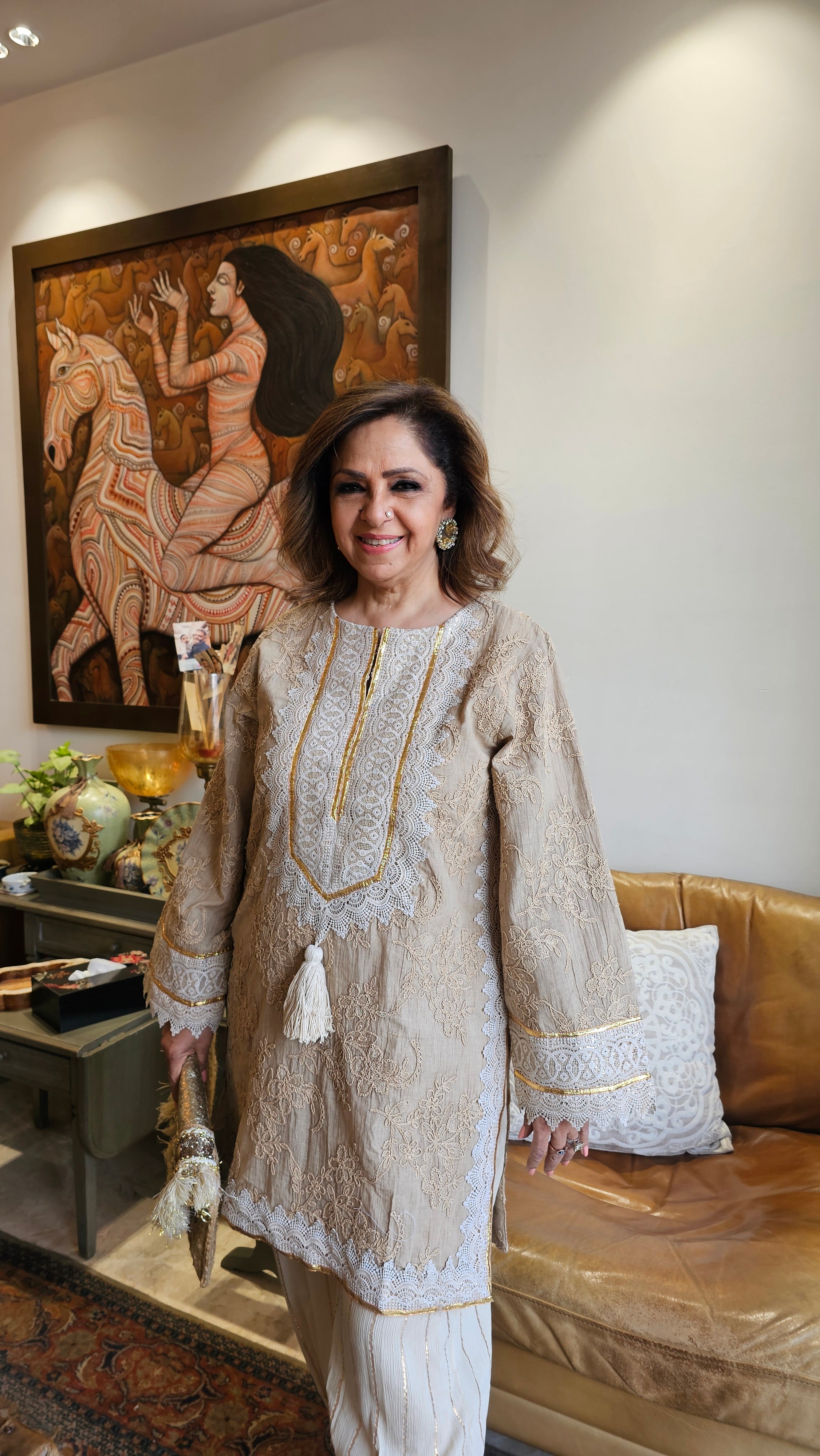 Embroidered Cotton Kurta with lace and gota work and Cotton Crepe Gold Striped Bottom