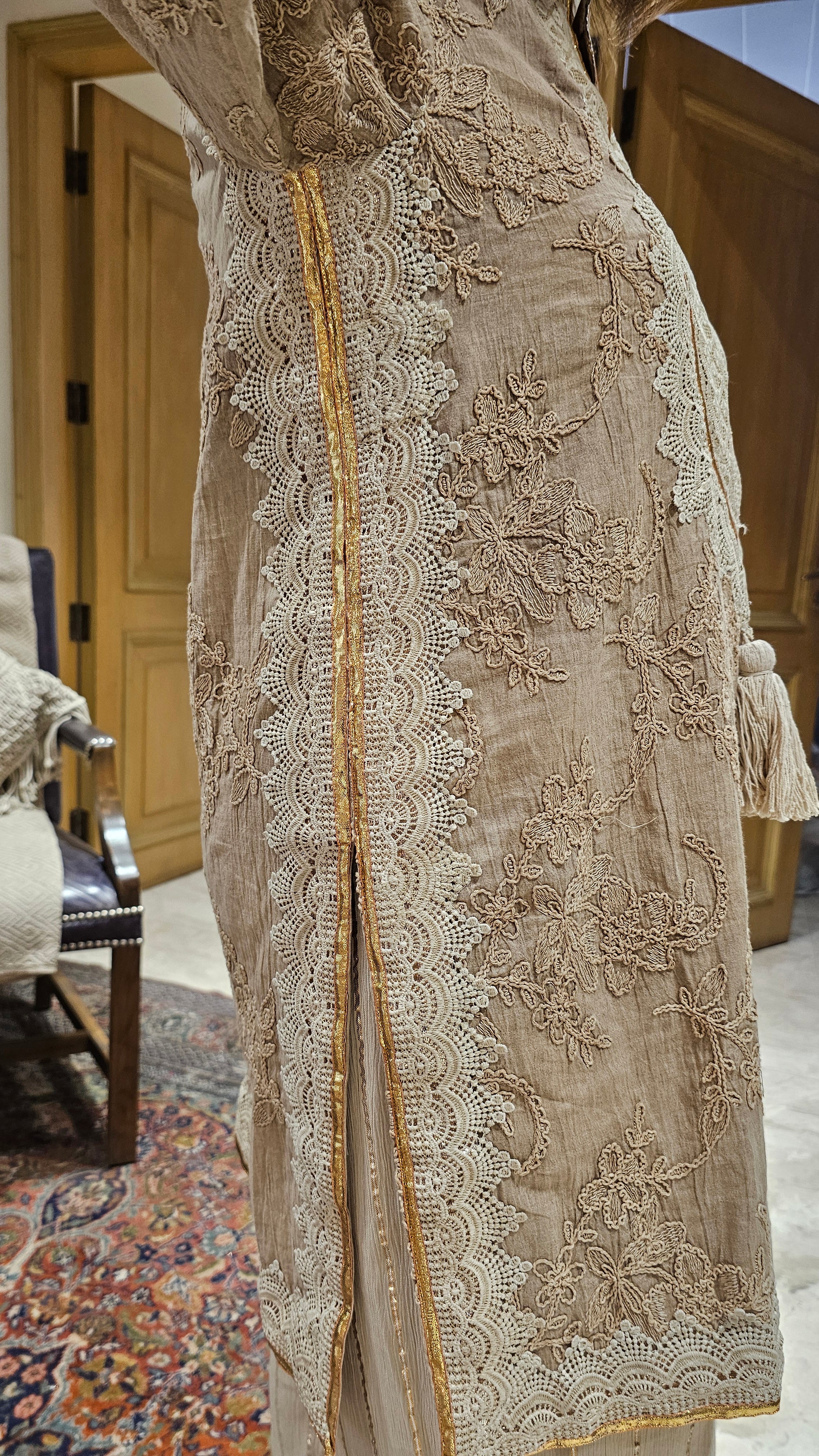 Embroidered Cotton Kurta with lace and gota work and Cotton Crepe Gold Striped Bottom