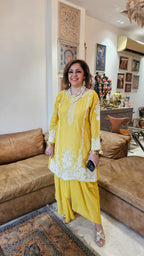 Beautiful Silk cotton shirt with thread work, Moti & Applique with Georgette bottom