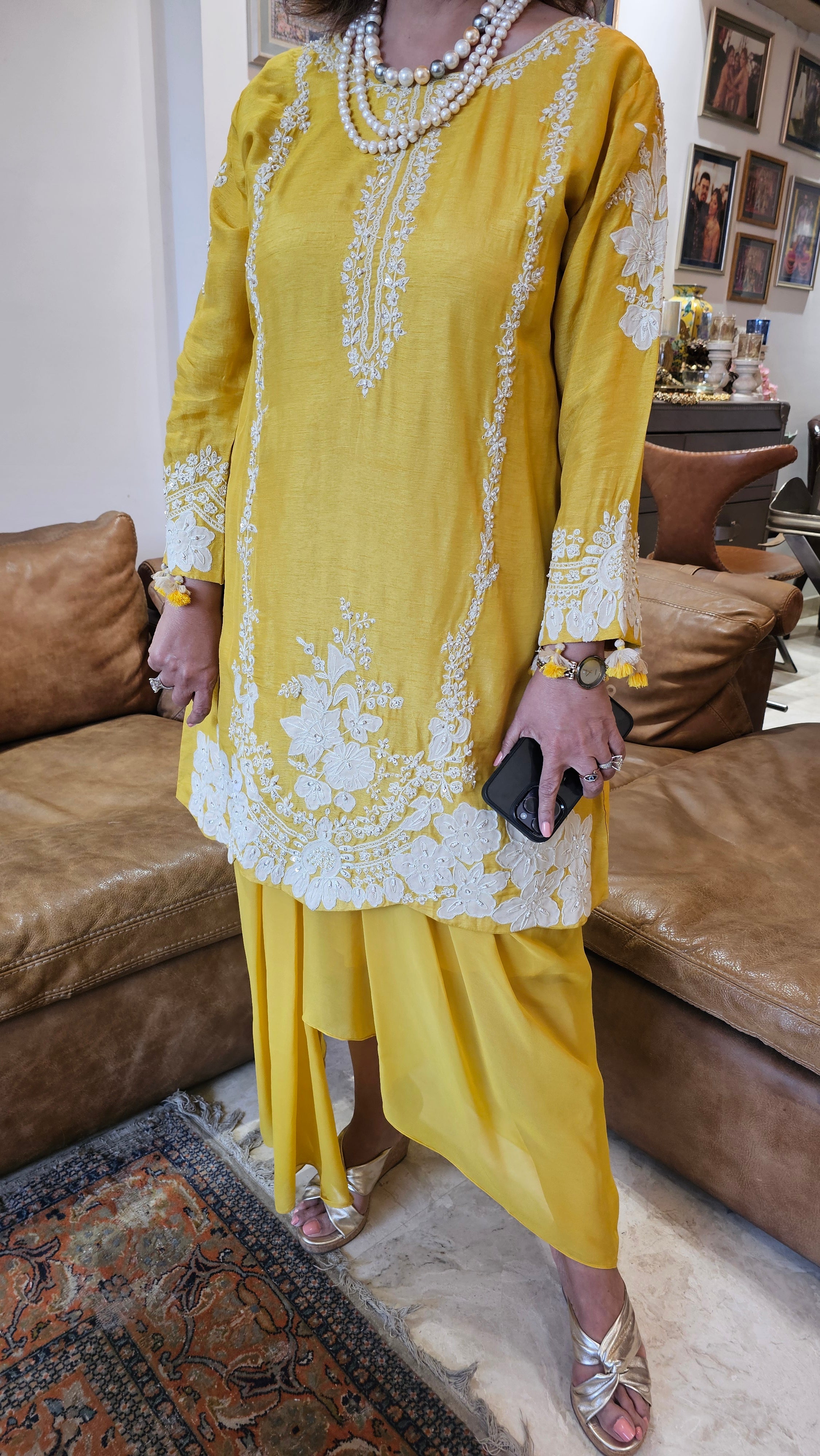 Beautiful Silk cotton shirt with thread work, Moti & Applique with Georgette bottom