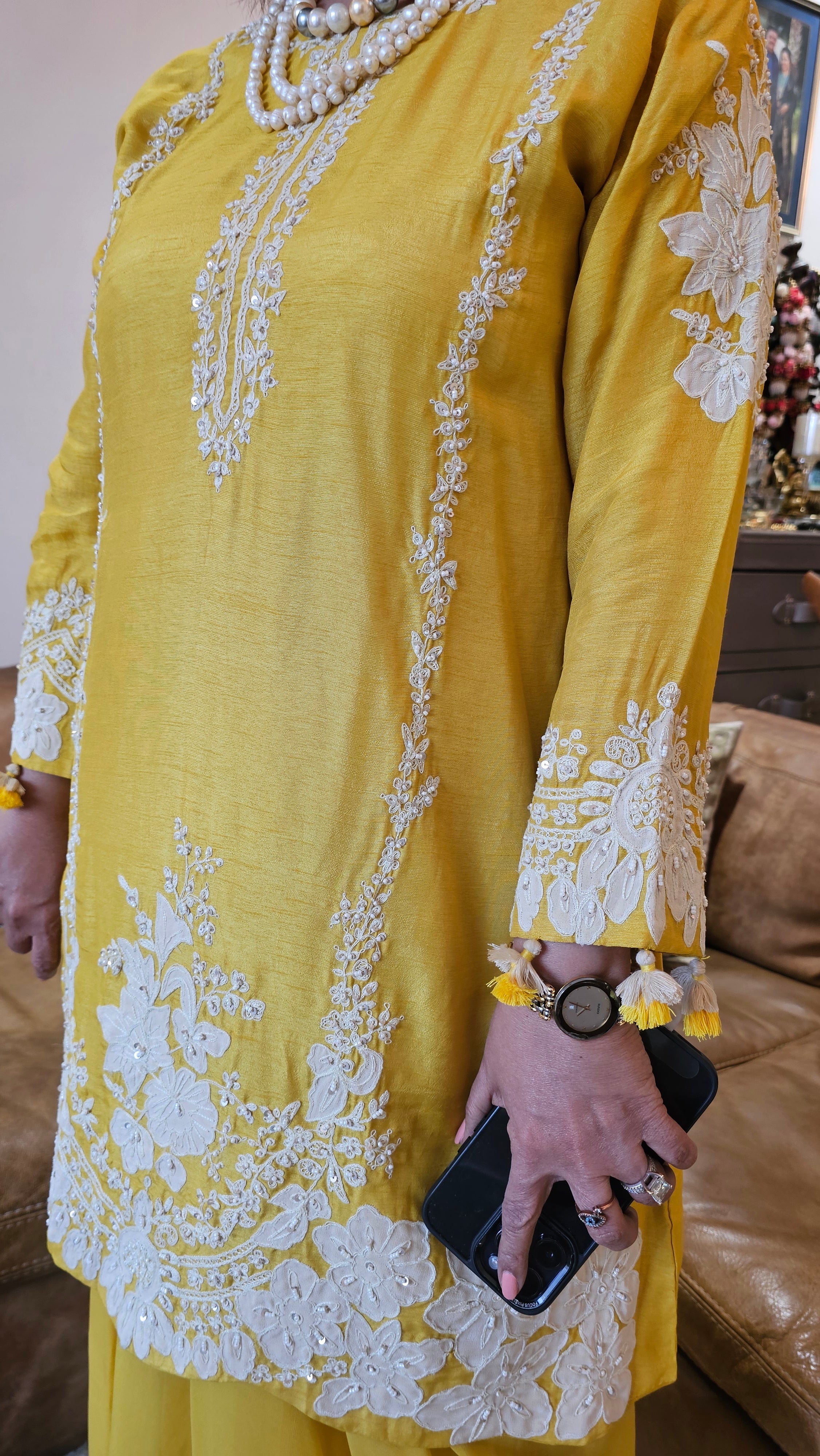 Beautiful Silk cotton shirt with thread work, Moti & Applique with Georgette bottom