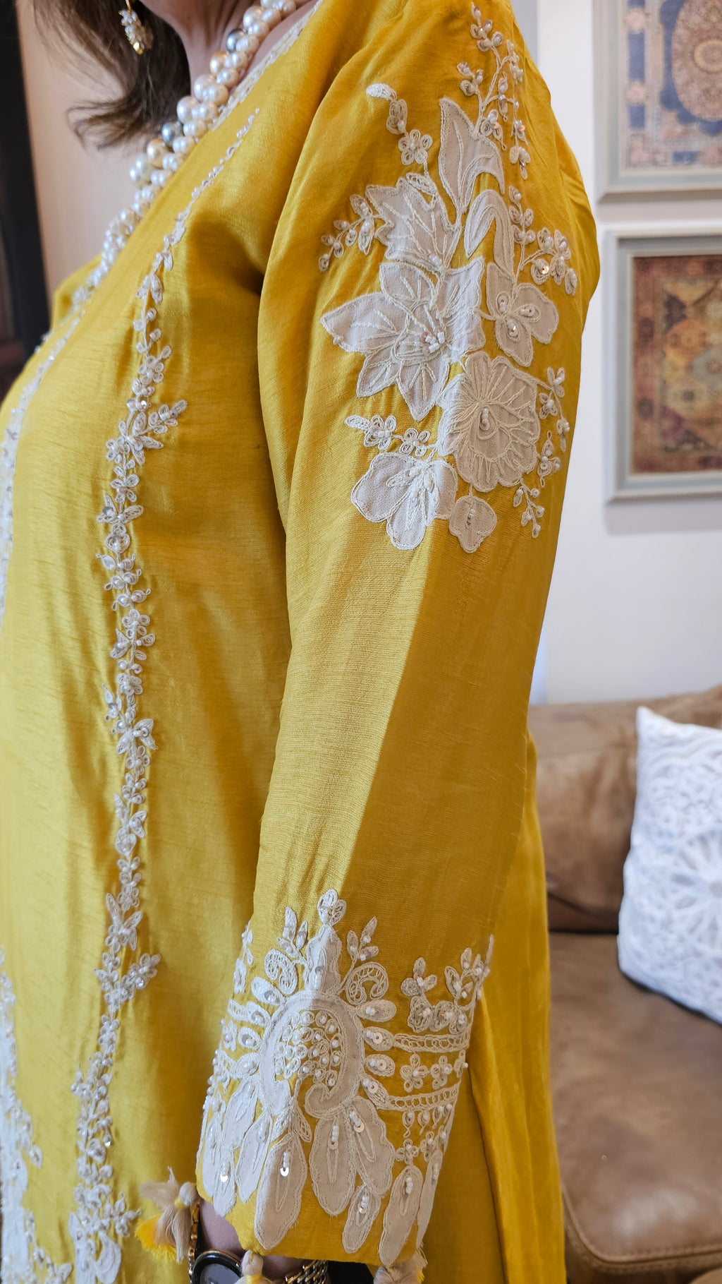 Beautiful Silk cotton shirt with thread work, Moti & Applique with Georgette bottom