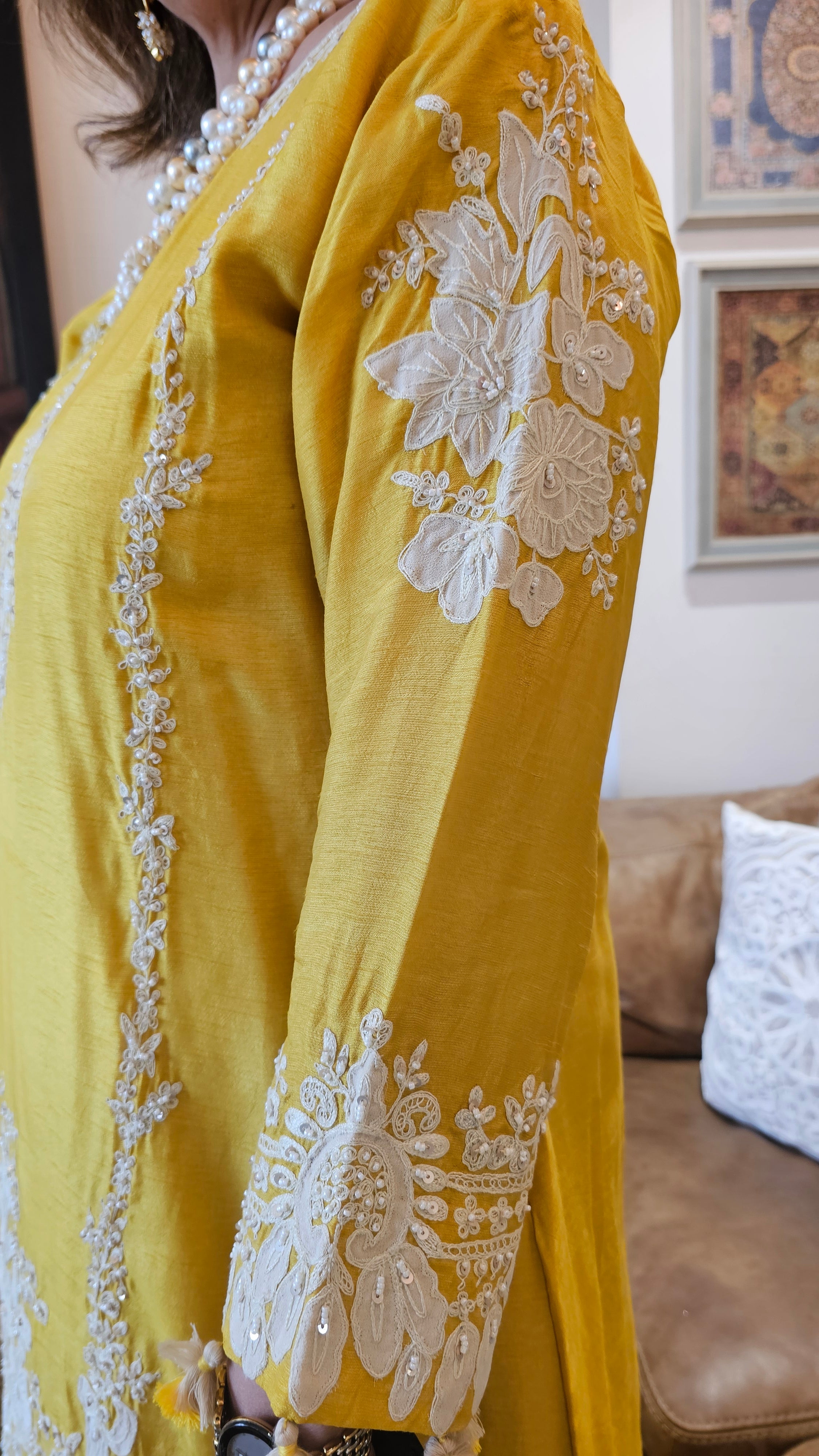 Beautiful Silk cotton shirt with thread work, Moti & Applique with Georgette bottom