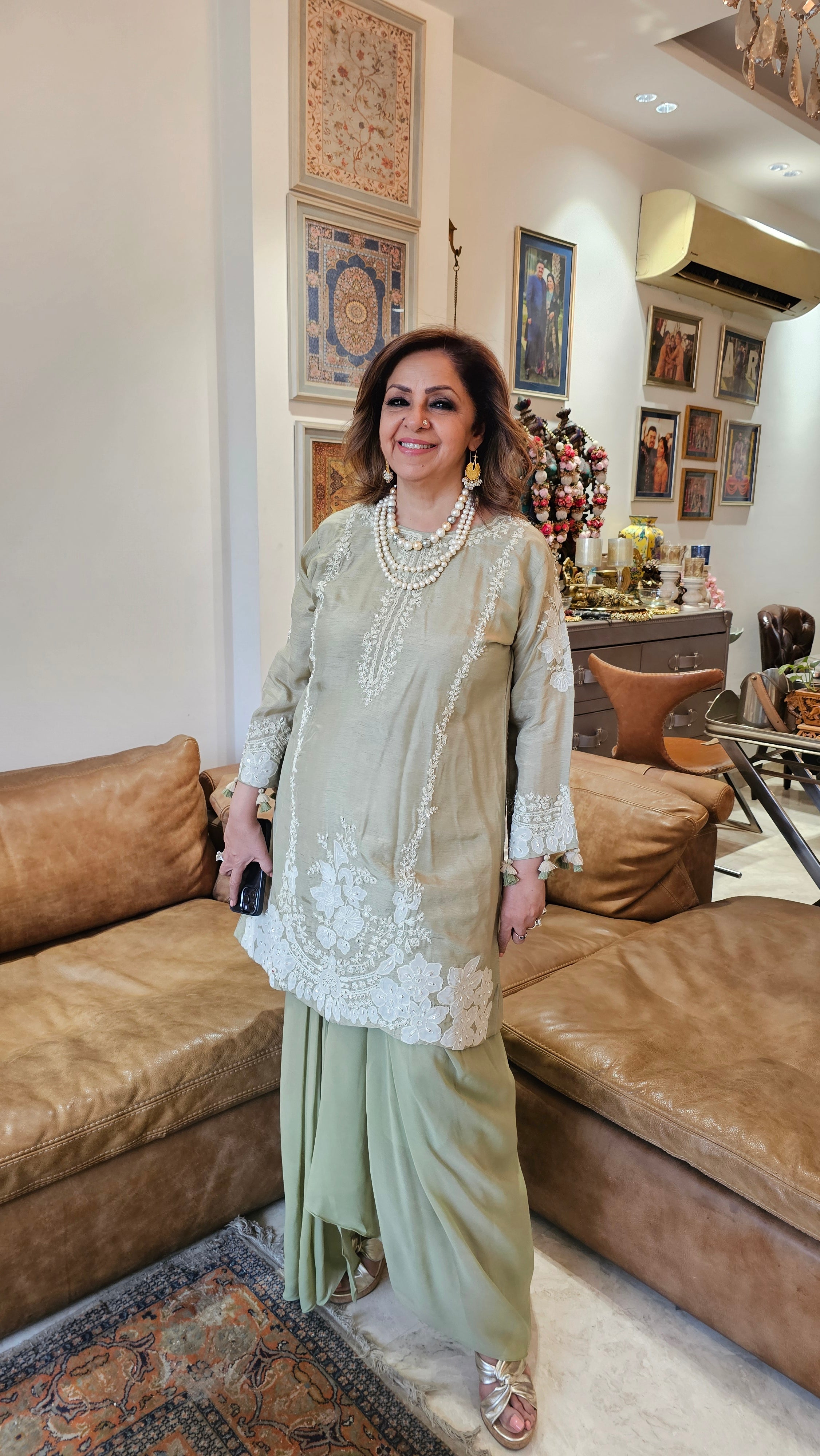 Beautiful Silk cotton shirt with thread work, Moti & Applique with Georgette bottom