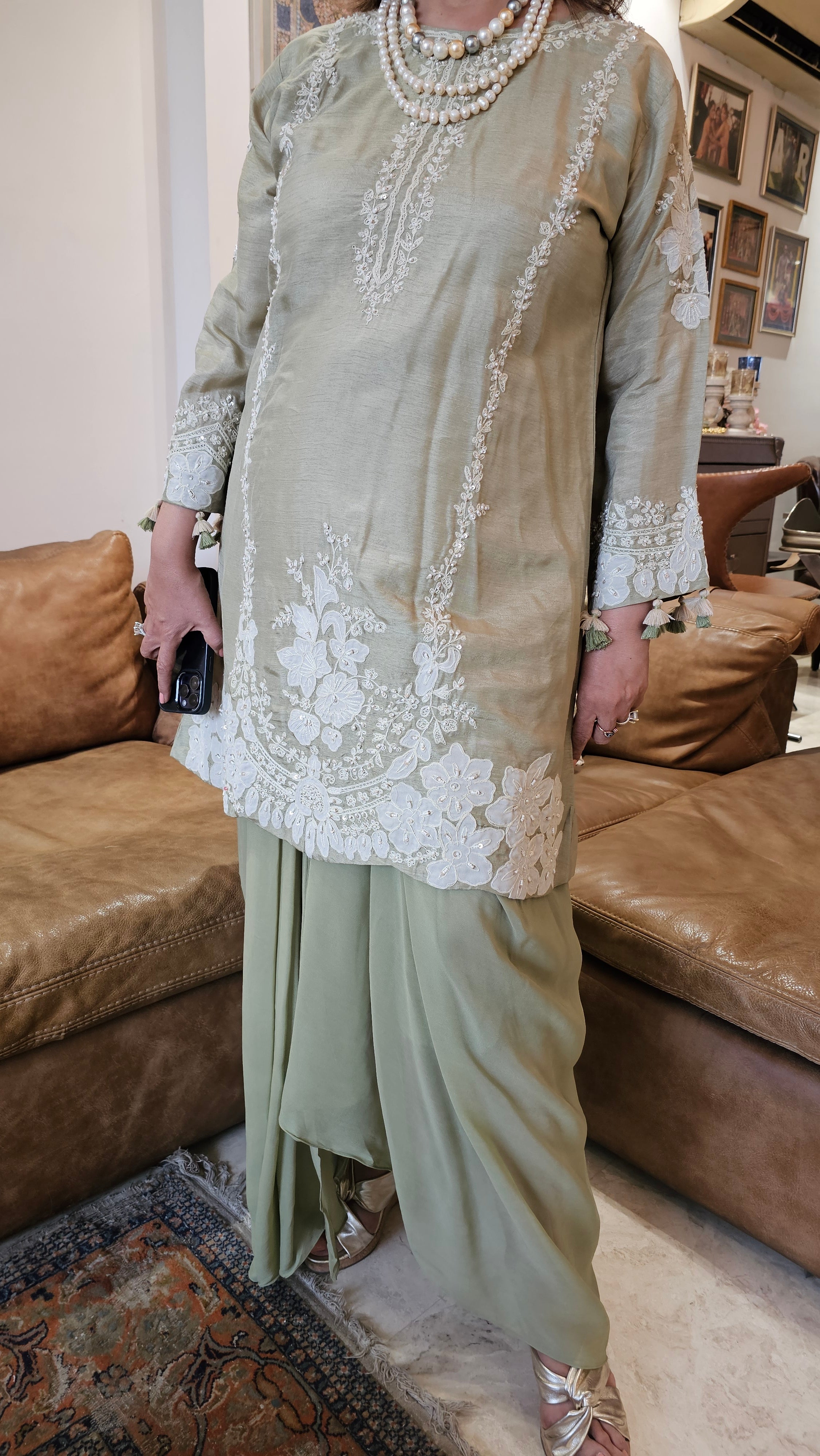 Beautiful Silk cotton shirt with thread work, Moti & Applique with Georgette bottom