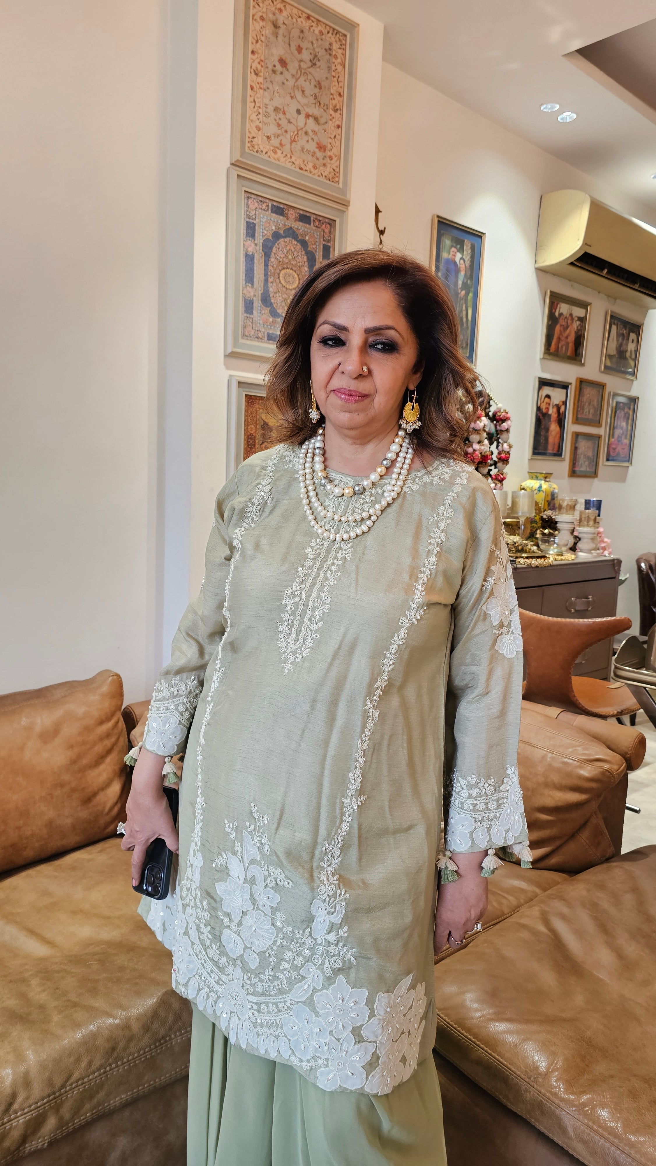 Beautiful Silk cotton shirt with thread work, Moti & Applique with Georgette bottom