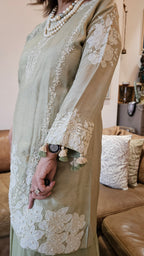 Beautiful Silk cotton shirt with thread work, Moti & Applique with Georgette bottom