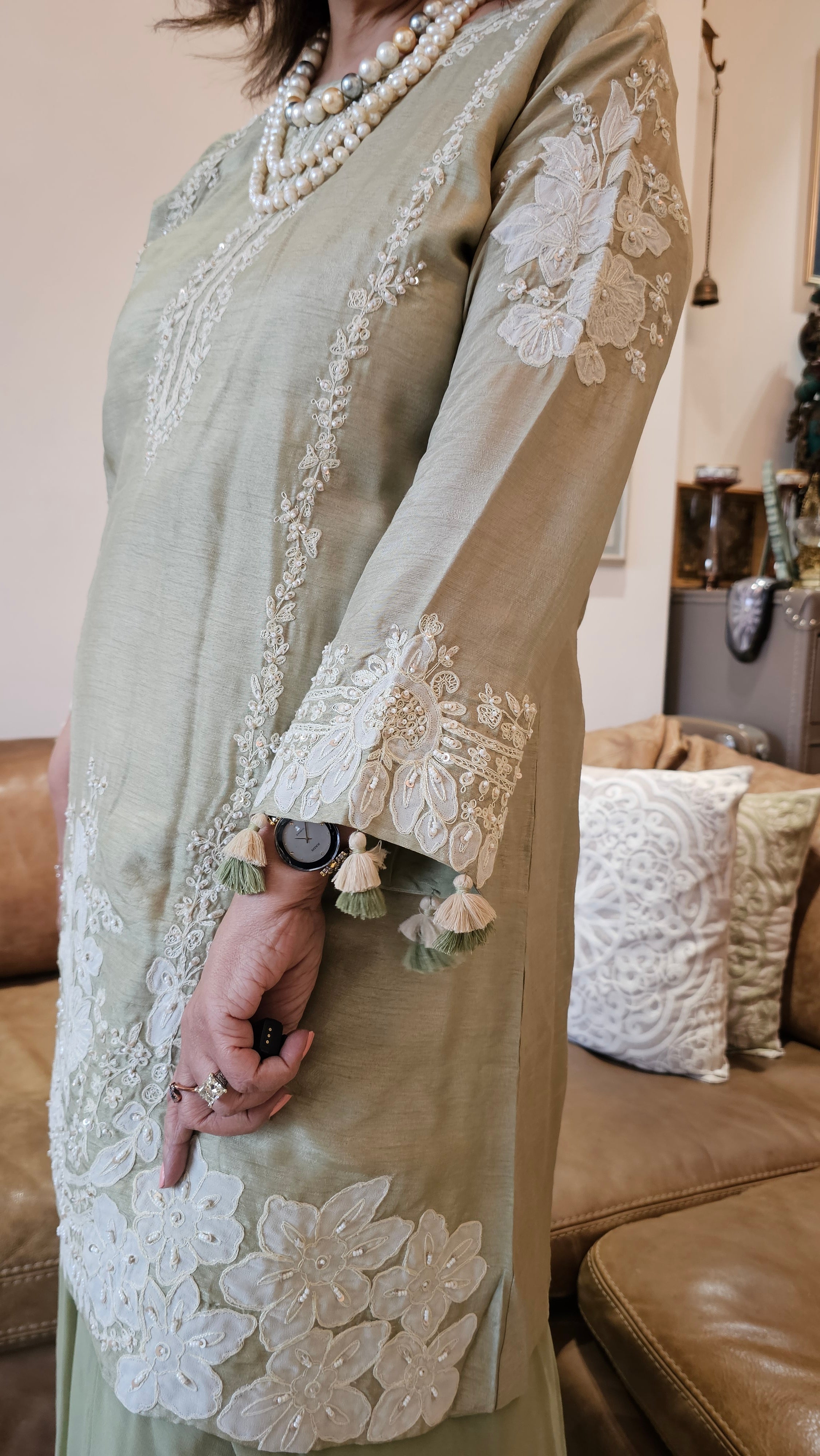 Beautiful Silk cotton shirt with thread work, Moti & Applique with Georgette bottom