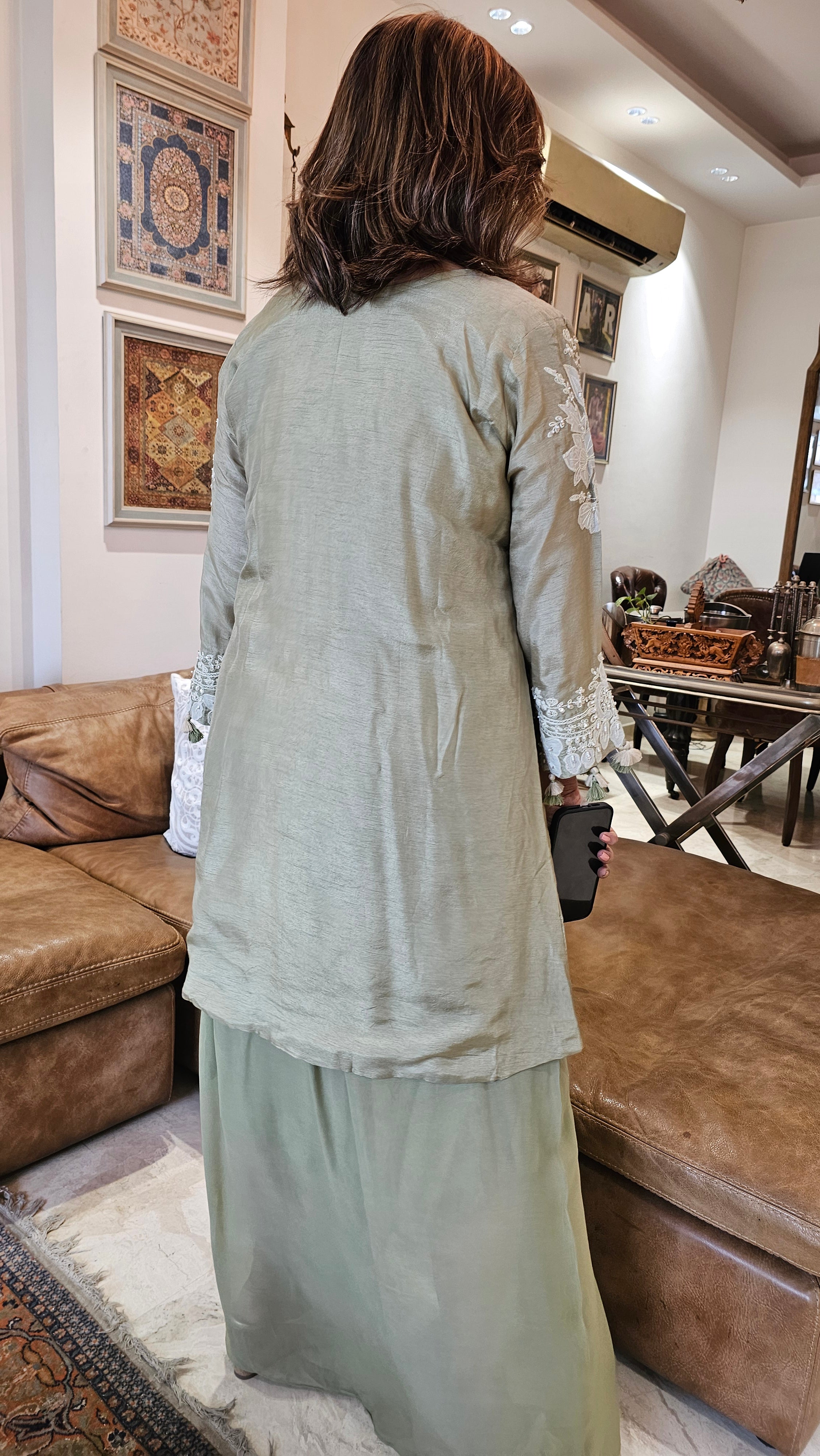 Beautiful Silk cotton shirt with thread work, Moti & Applique with Georgette bottom