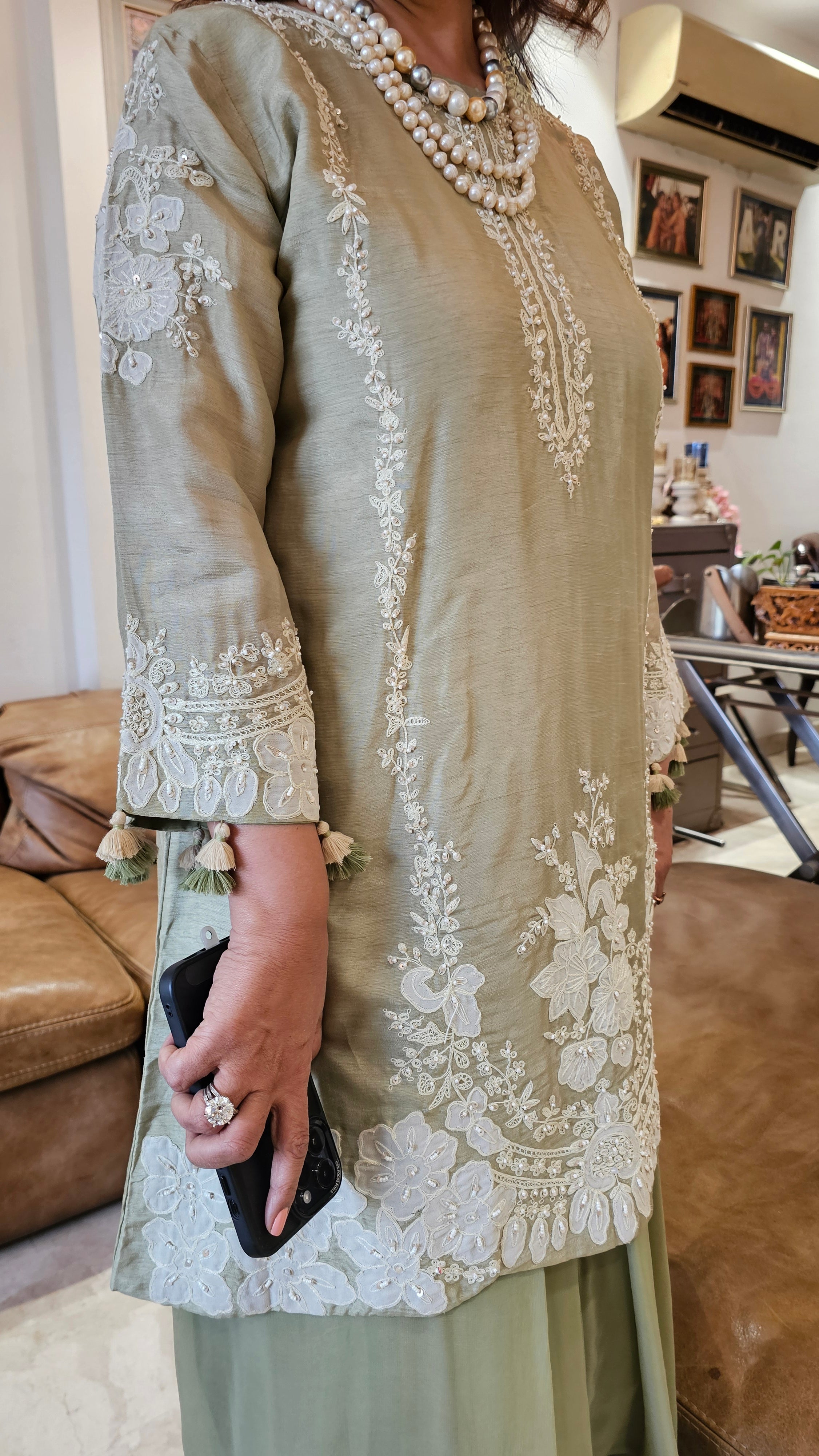 Beautiful Silk cotton shirt with thread work, Moti & Applique with Georgette bottom