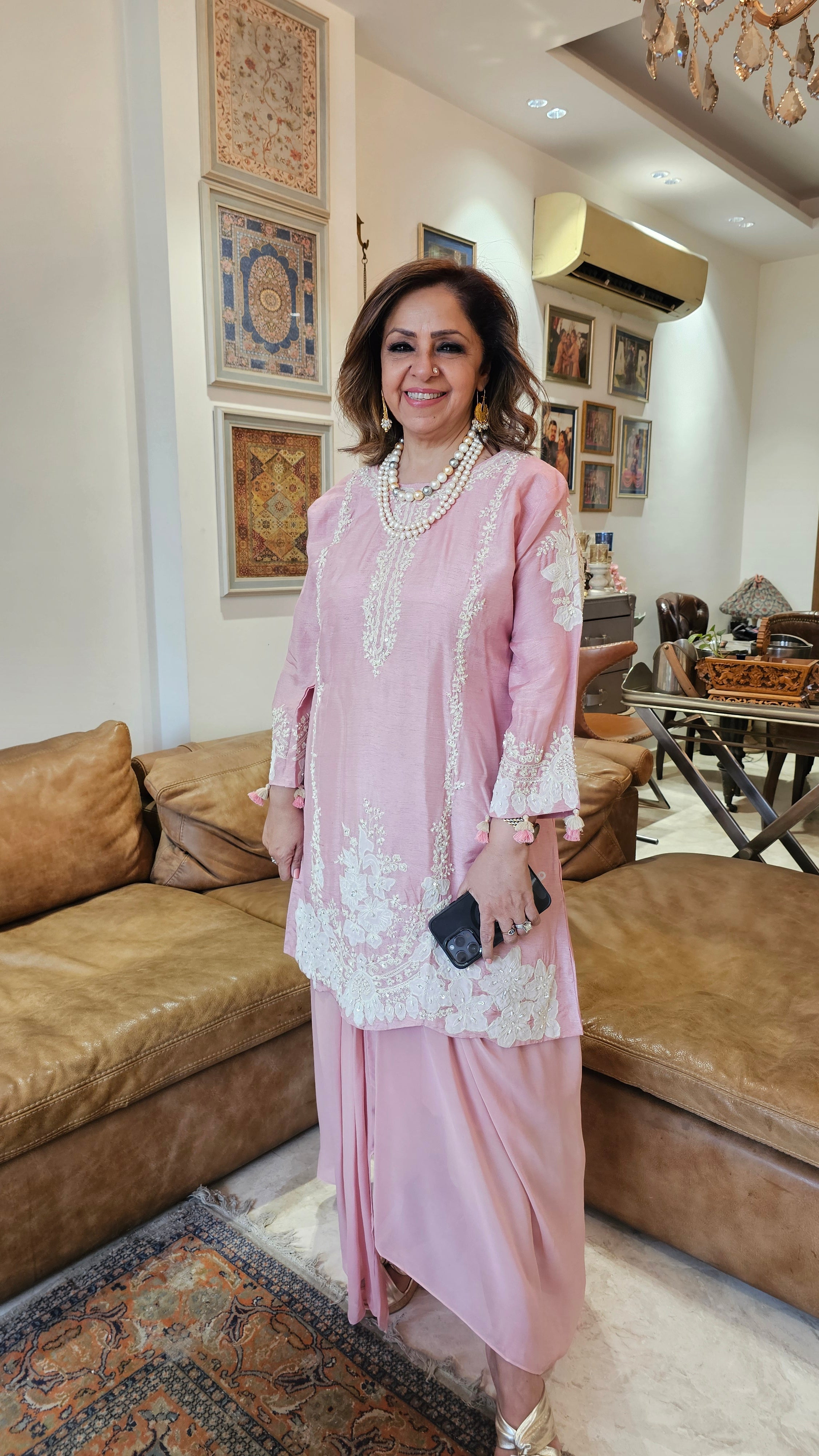 Beautiful Silk cotton shirt with thread work, Moti & Applique with Georgette bottom
