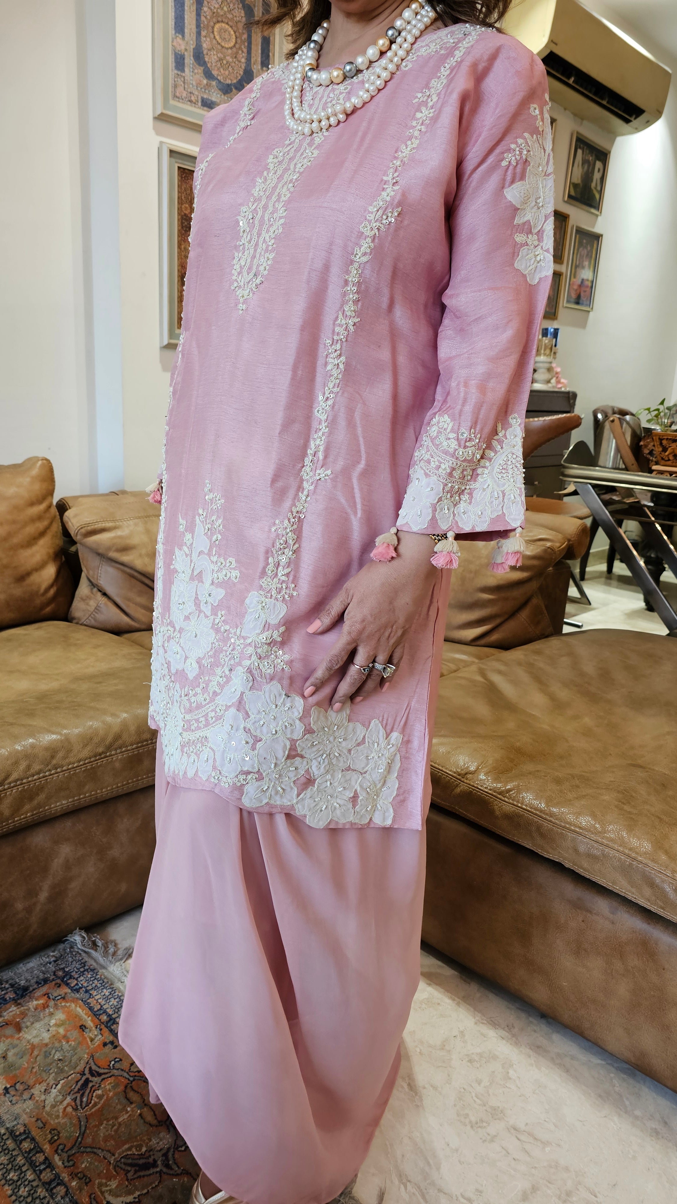 Beautiful Silk cotton shirt with thread work, Moti & Applique with Georgette bottom