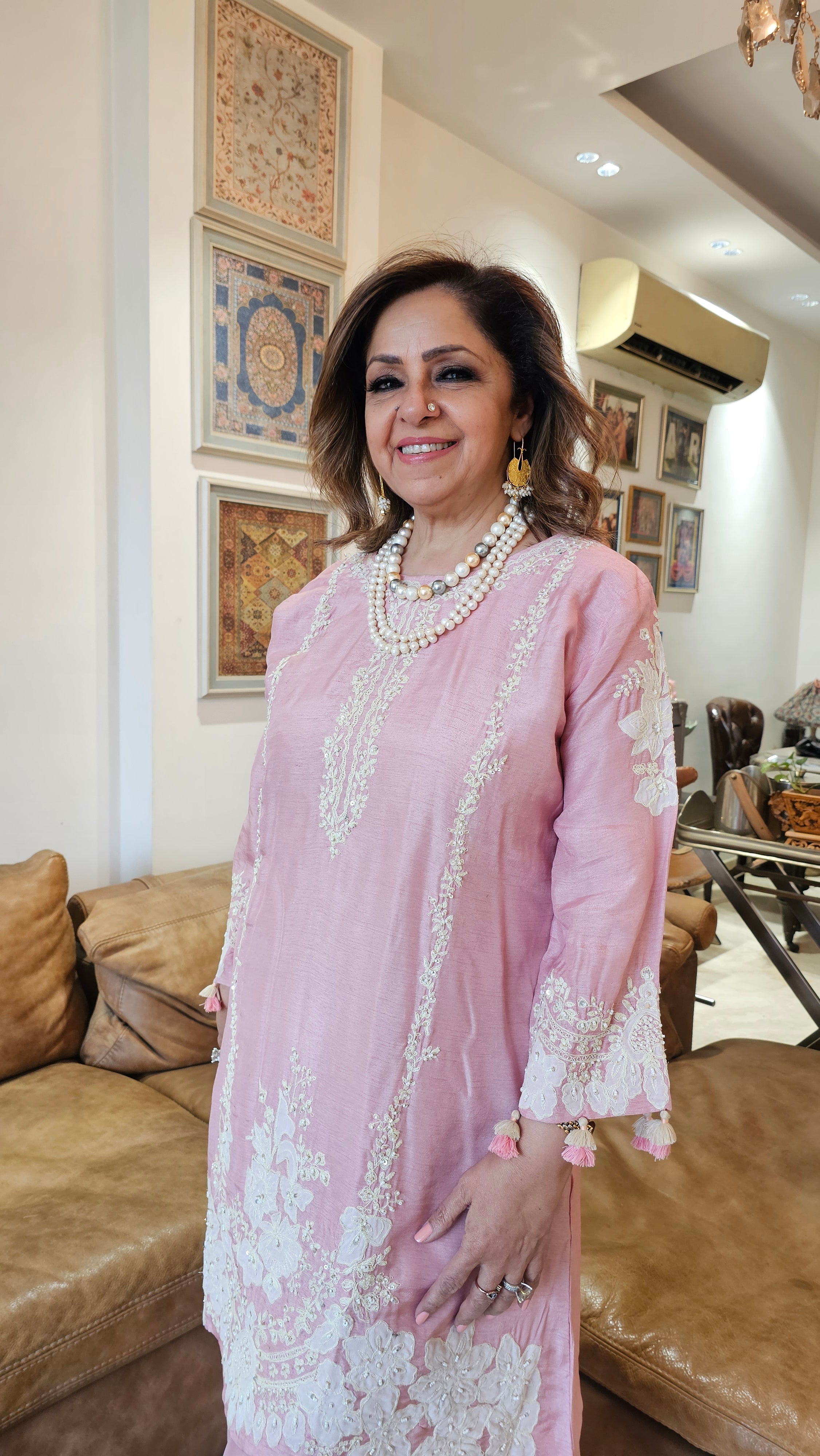 Beautiful Silk cotton shirt with thread work, Moti & Applique with Georgette bottom