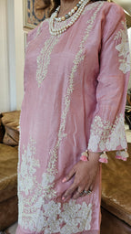 Beautiful Silk cotton shirt with thread work, Moti & Applique with Georgette bottom