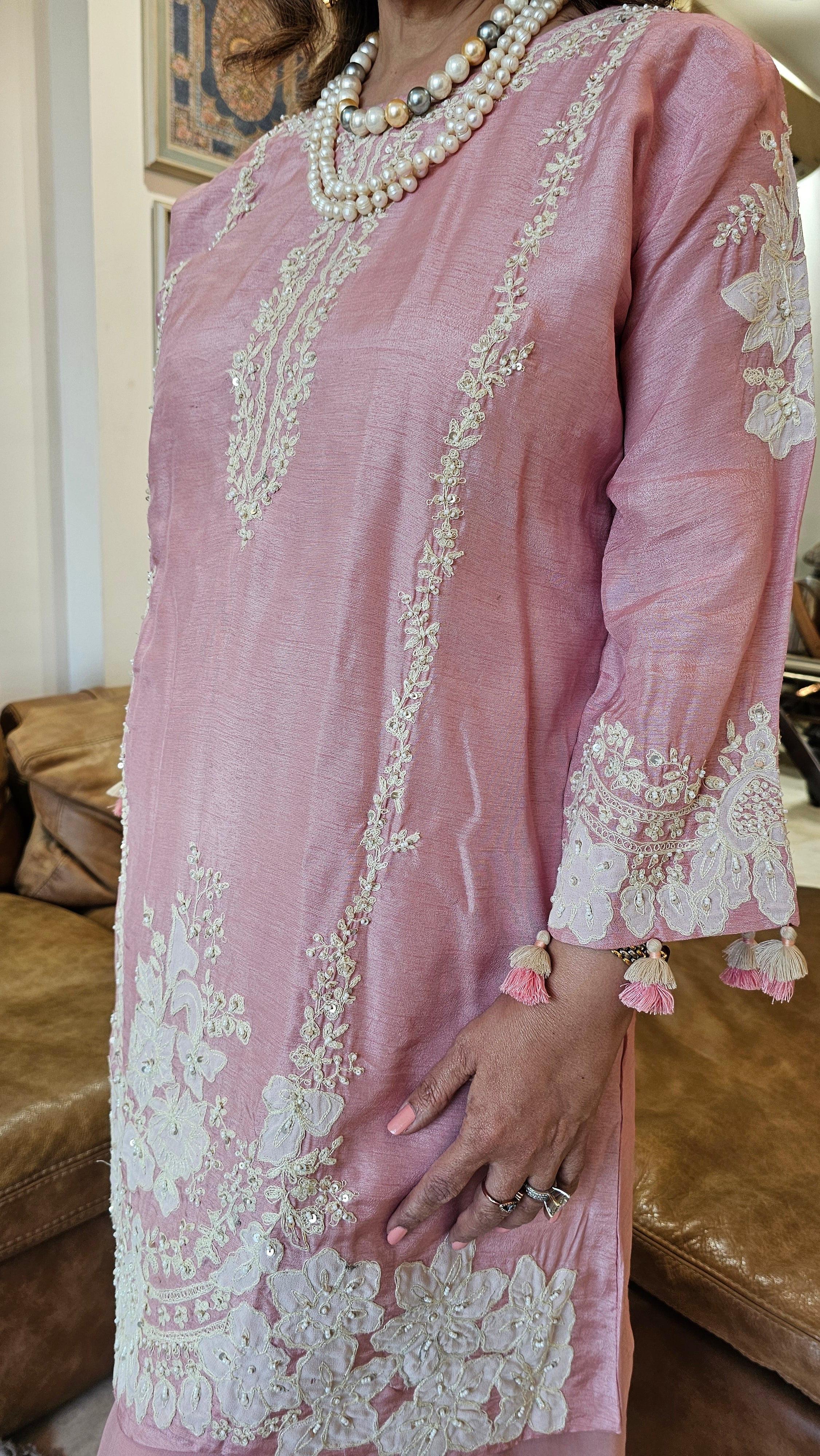 Beautiful Silk cotton shirt with thread work, Moti & Applique with Georgette bottom