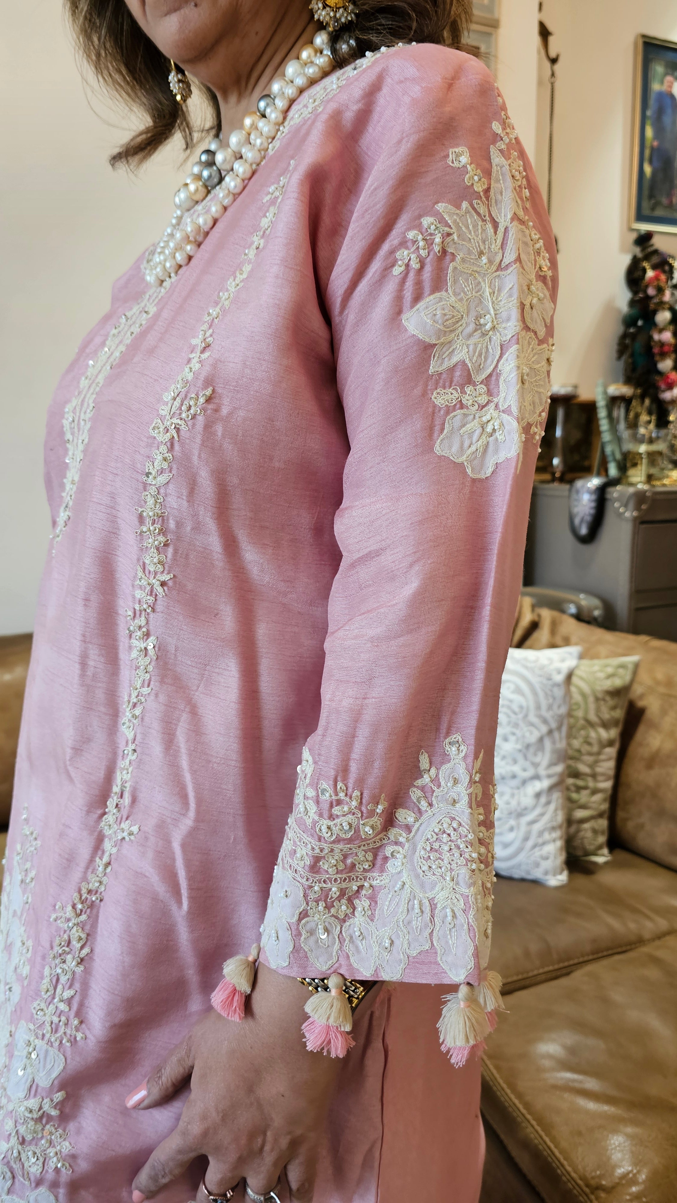 Beautiful Silk cotton shirt with thread work, Moti & Applique with Georgette bottom