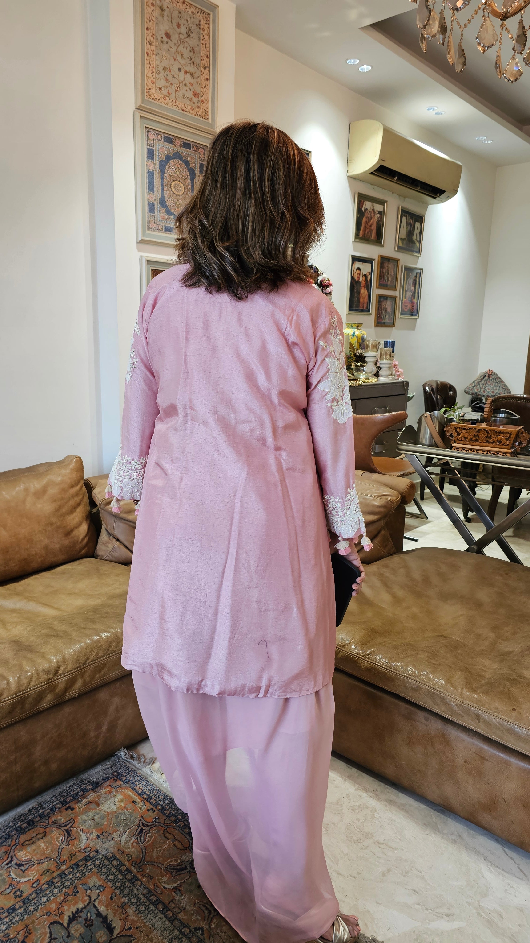 Beautiful Silk cotton shirt with thread work, Moti & Applique with Georgette bottom