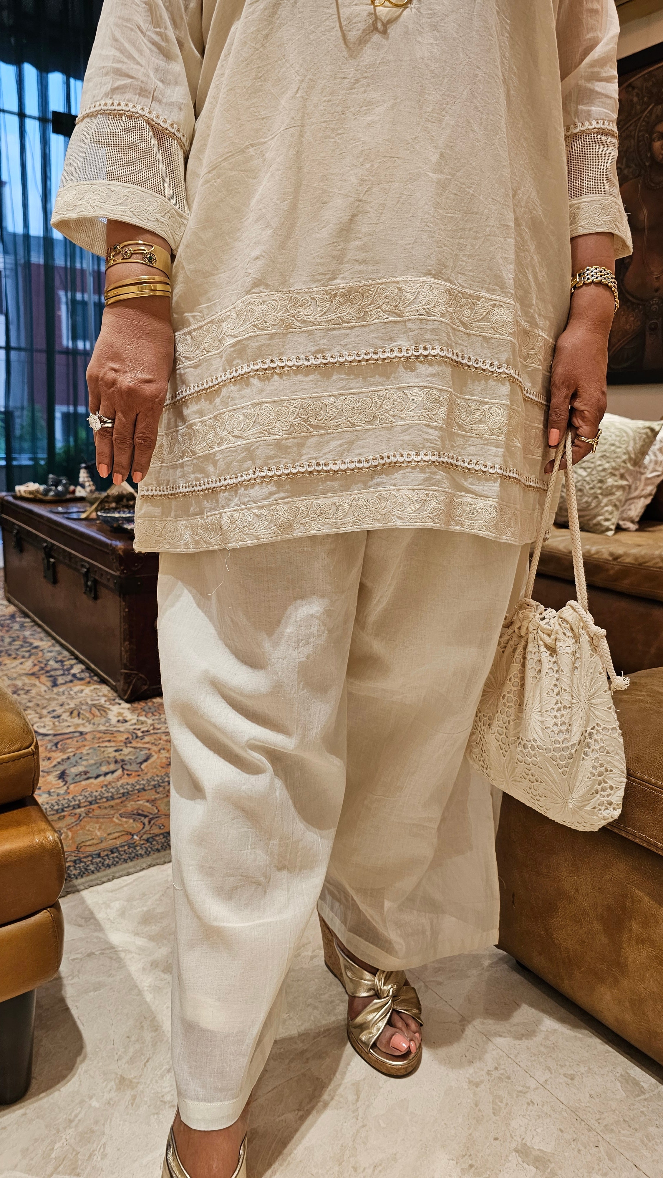 Beautiful Mul Cotton Top & Bottom with Thread work