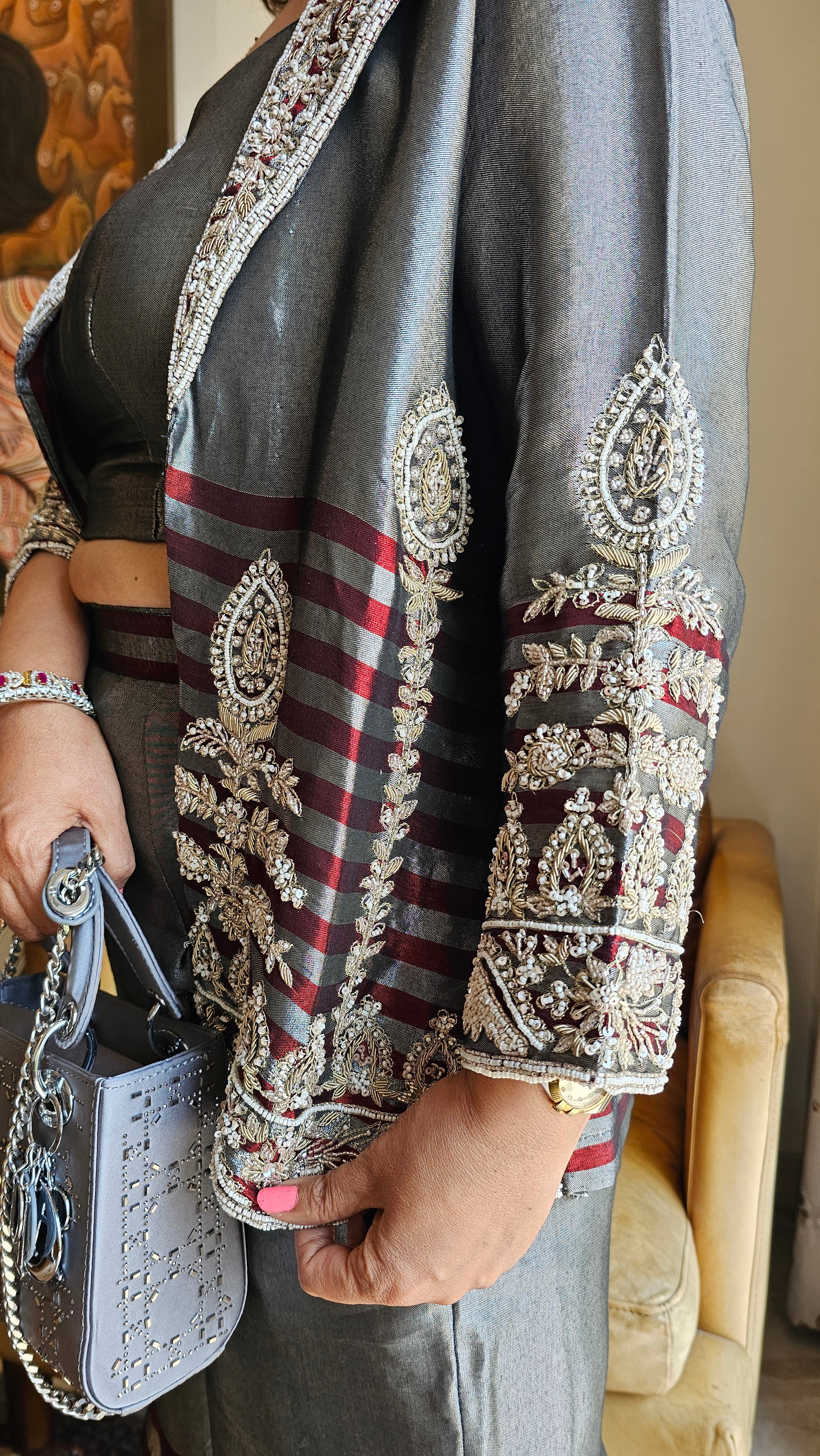 Wispy Tissue Silk Fabric Outfit with Full Hand Embroidery Work