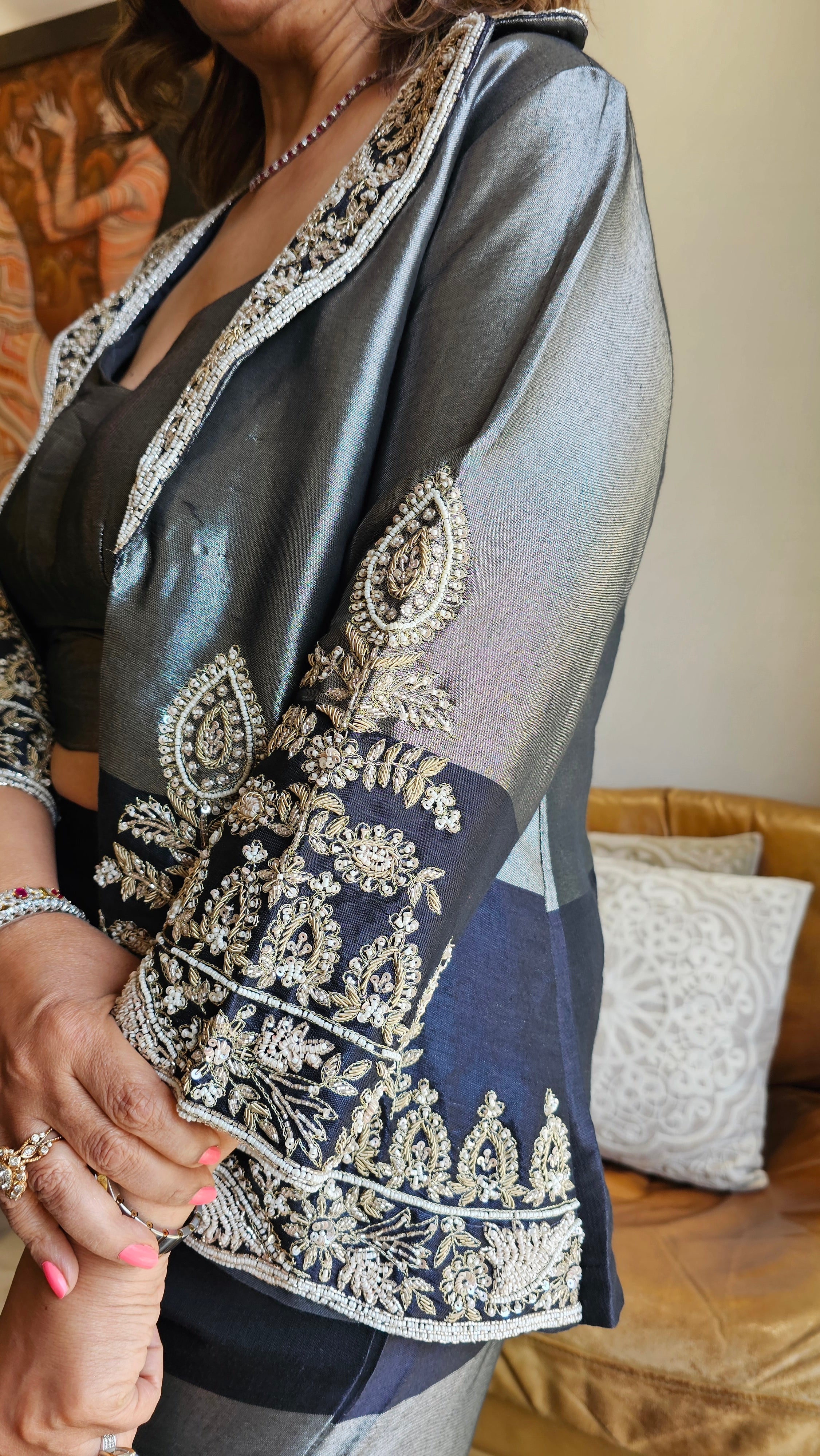 Wispy Tissue Silk Fabric Outfit with Full Hand Embroidery Work