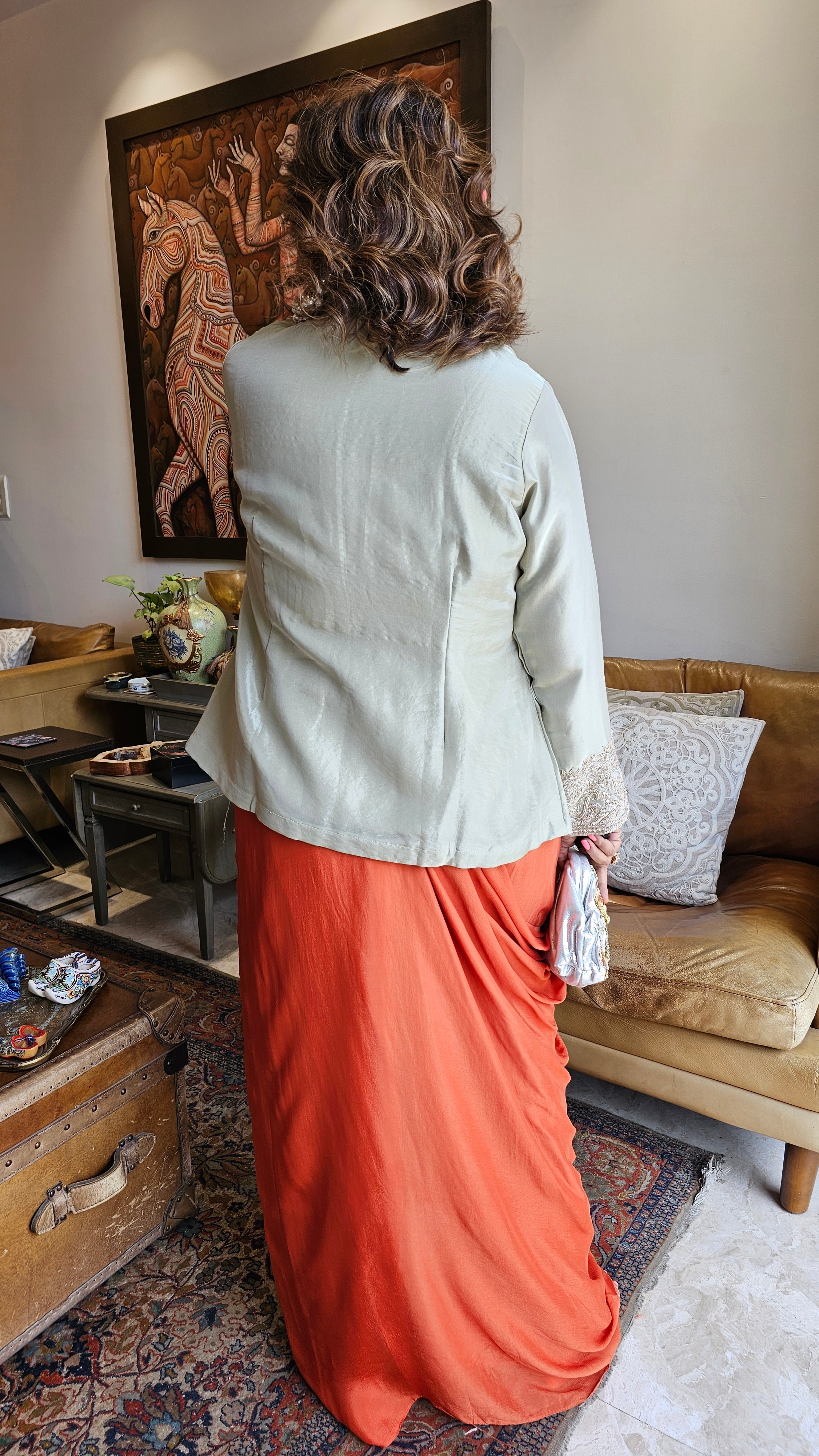Stunning Tissue Silk Jacket with Chinon Georgette Top & Bottom with Full Hand Embroidery Work