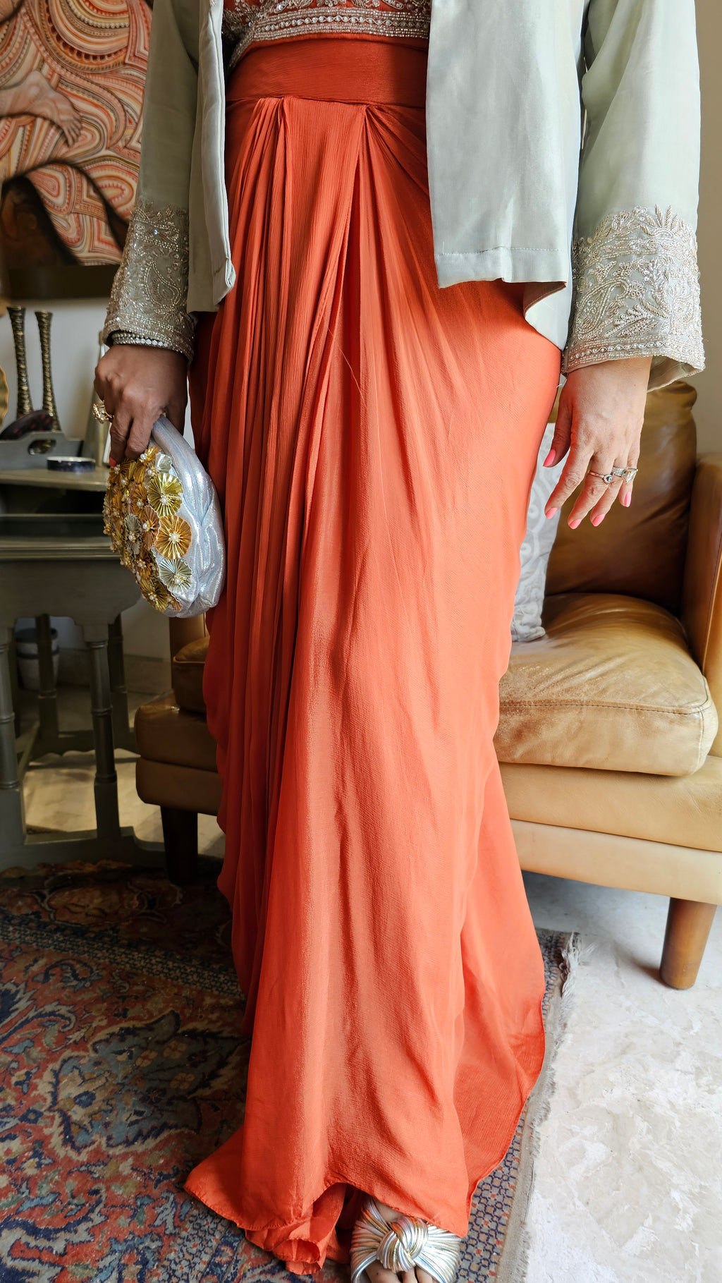 Stunning Tissue Silk Jacket with Chinon Georgette Top & Bottom with Full Hand Embroidery Work