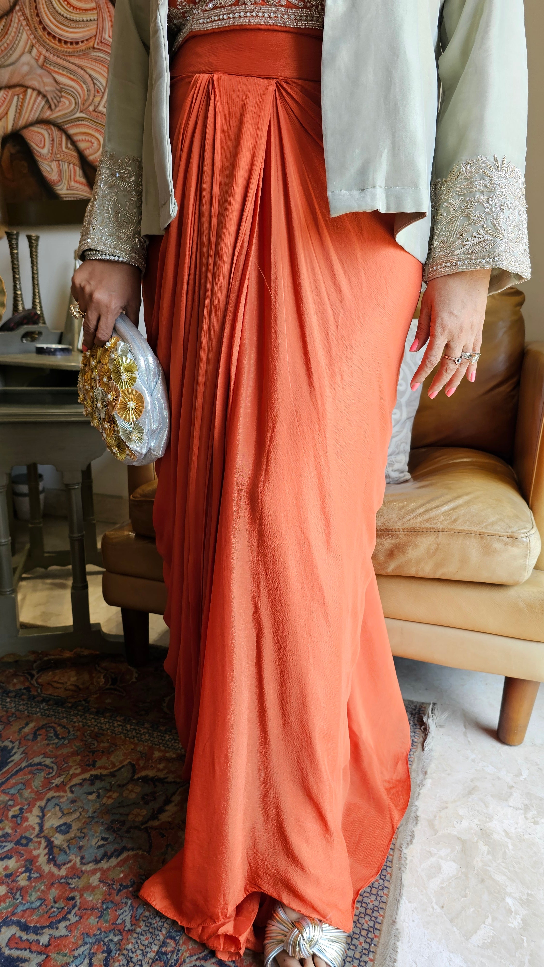 Stunning Tissue Silk Jacket with Chinon Georgette Top & Bottom with Full Hand Embroidery Work