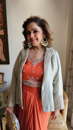 Stunning Tissue Silk Jacket with Chinon Georgette Top & Bottom with Full Hand Embroidery Work