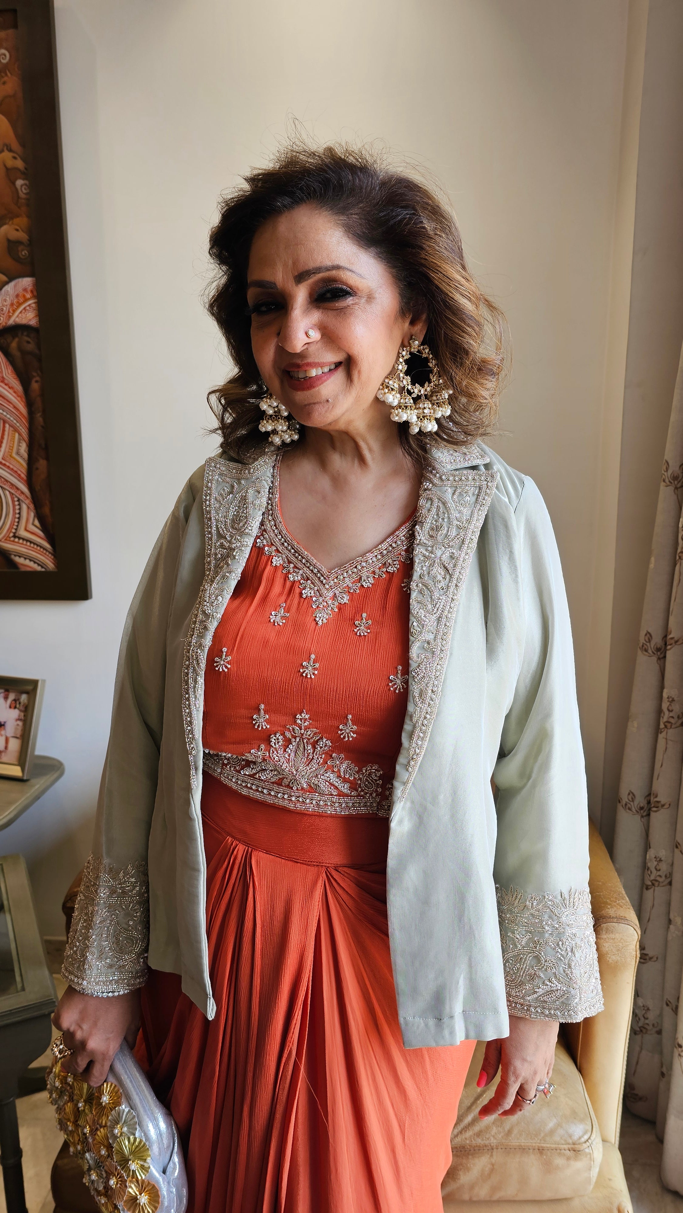 Stunning Tissue Silk Jacket with Chinon Georgette Top & Bottom with Full Hand Embroidery Work