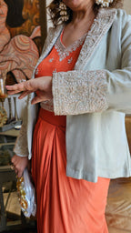 Stunning Tissue Silk Jacket with Chinon Georgette Top & Bottom with Full Hand Embroidery Work