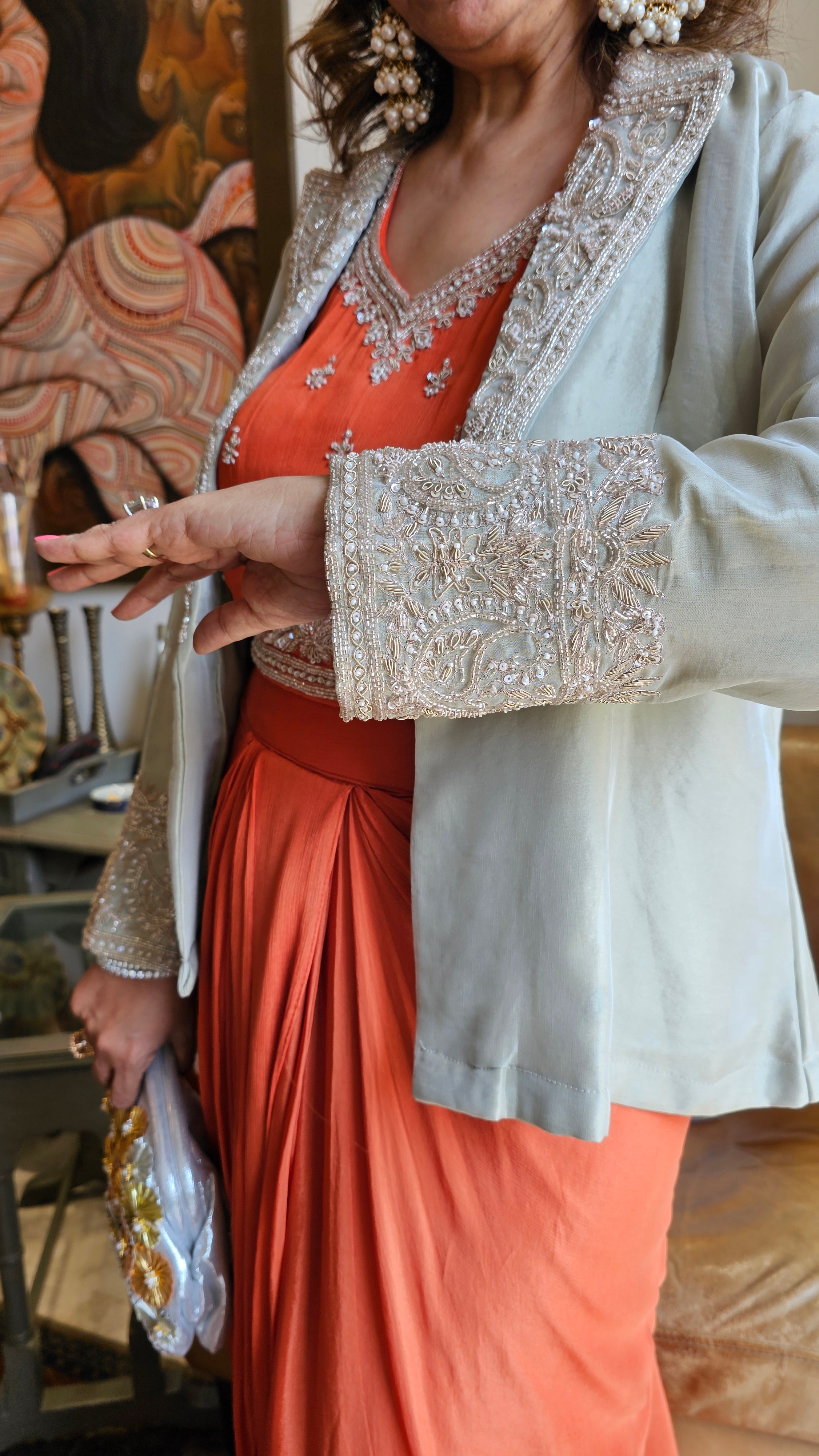 Stunning Tissue Silk Jacket with Chinon Georgette Top & Bottom with Full Hand Embroidery Work