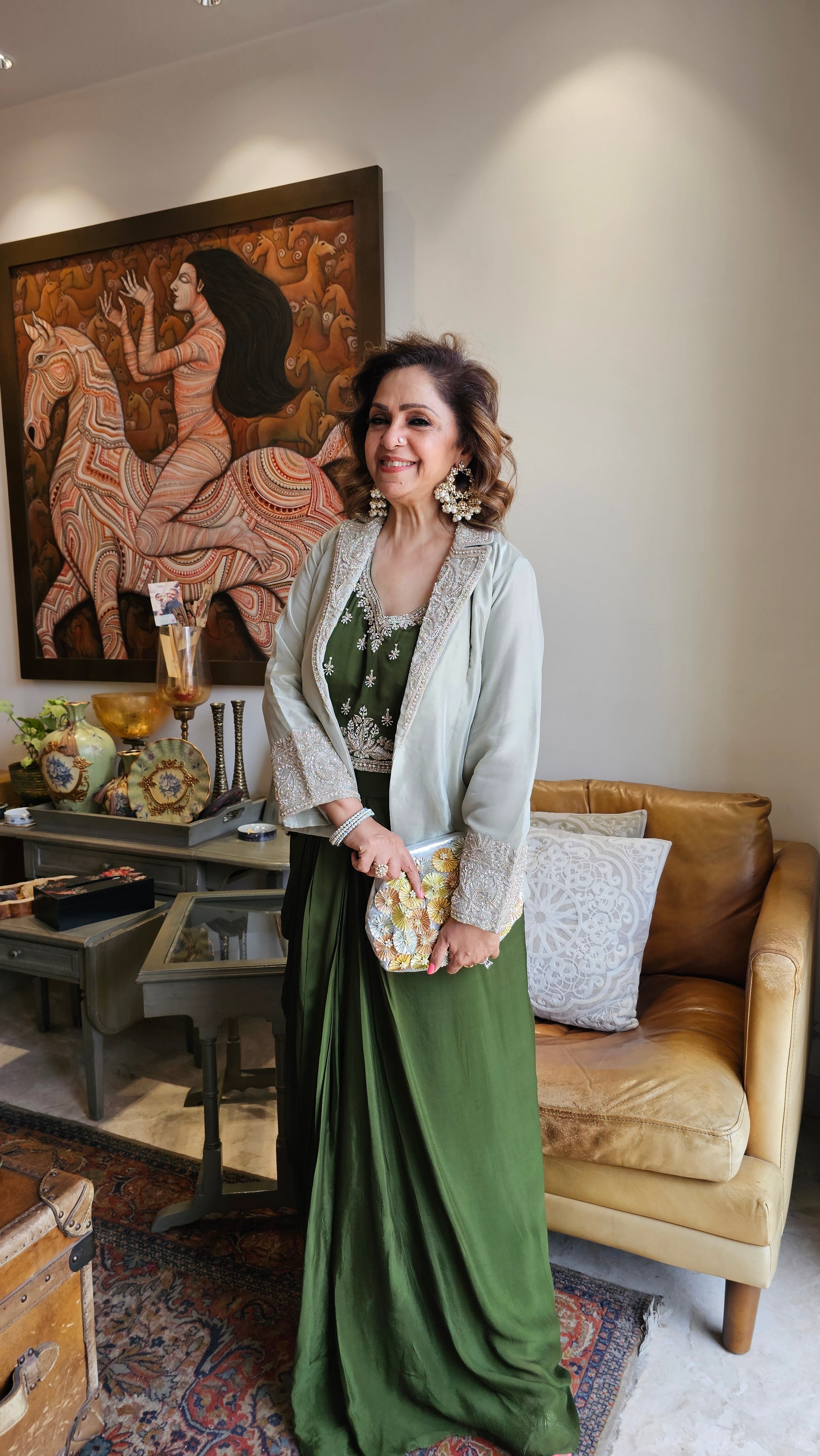 Stunning Tissue Silk Jacket with Chinon Georgette Top & Bottom with Full Hand Embroidery Work