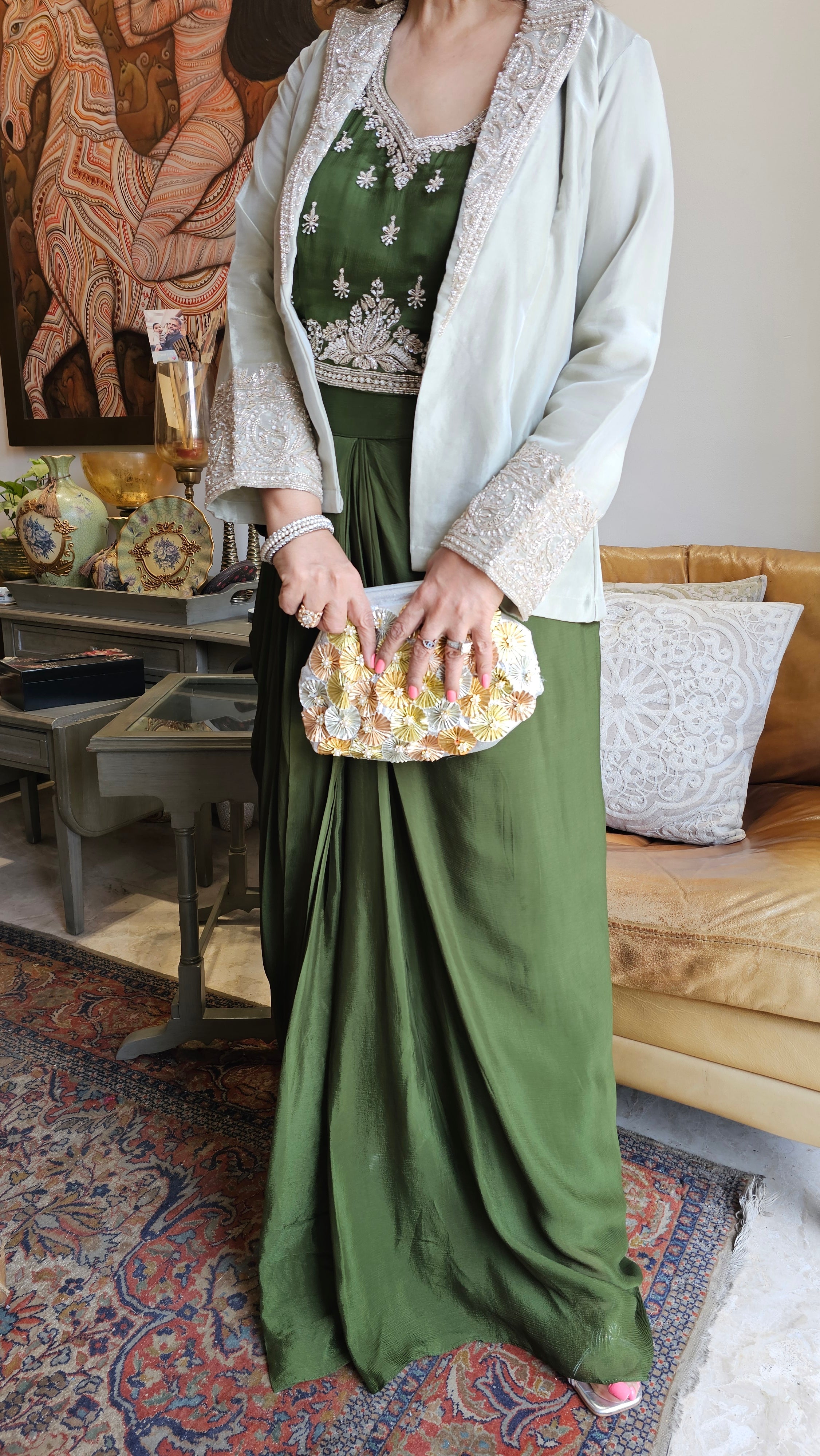 Stunning Tissue Silk Jacket with Chinon Georgette Top & Bottom with Full Hand Embroidery Work