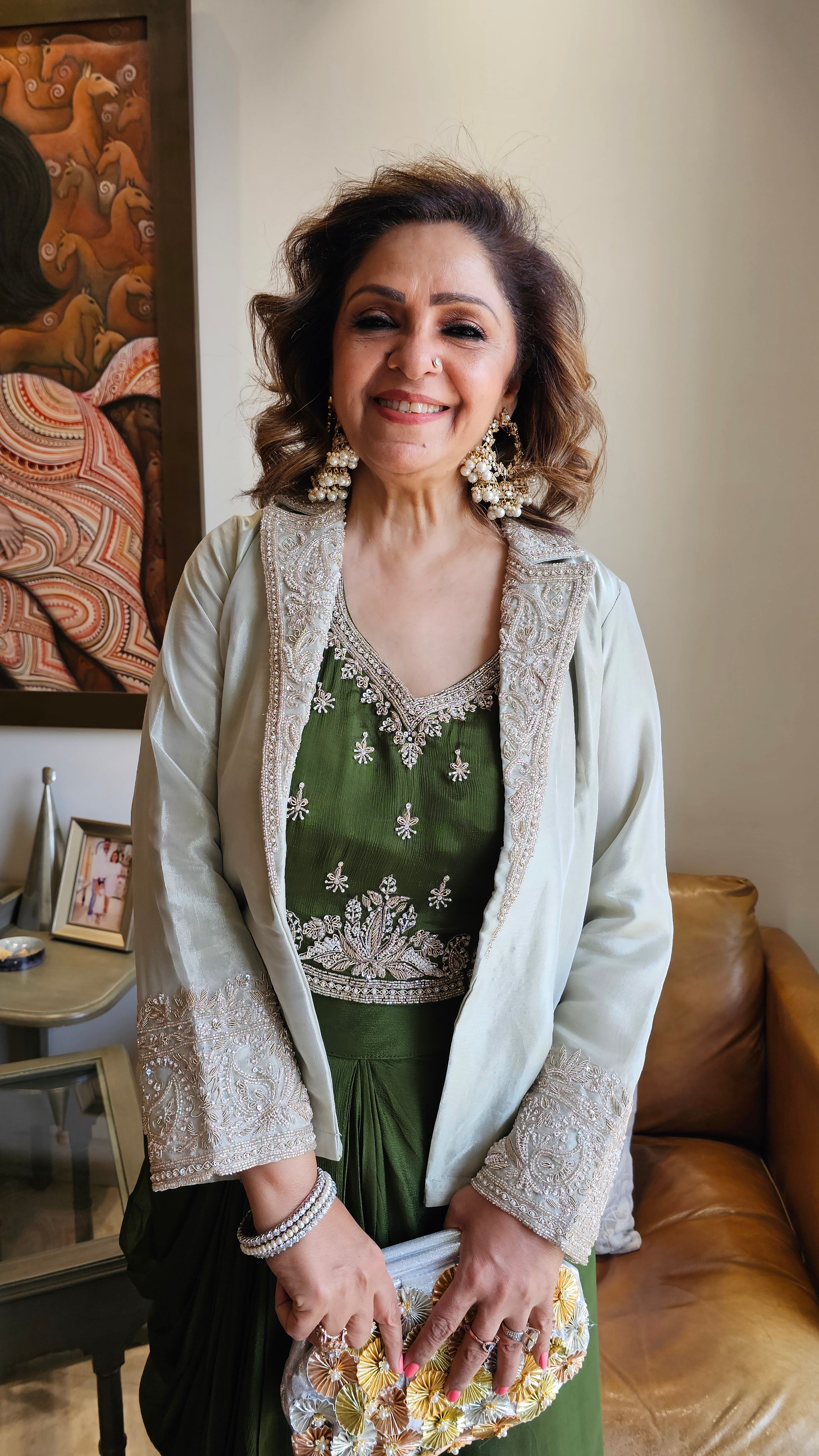 Stunning Tissue Silk Jacket with Chinon Georgette Top & Bottom with Full Hand Embroidery Work