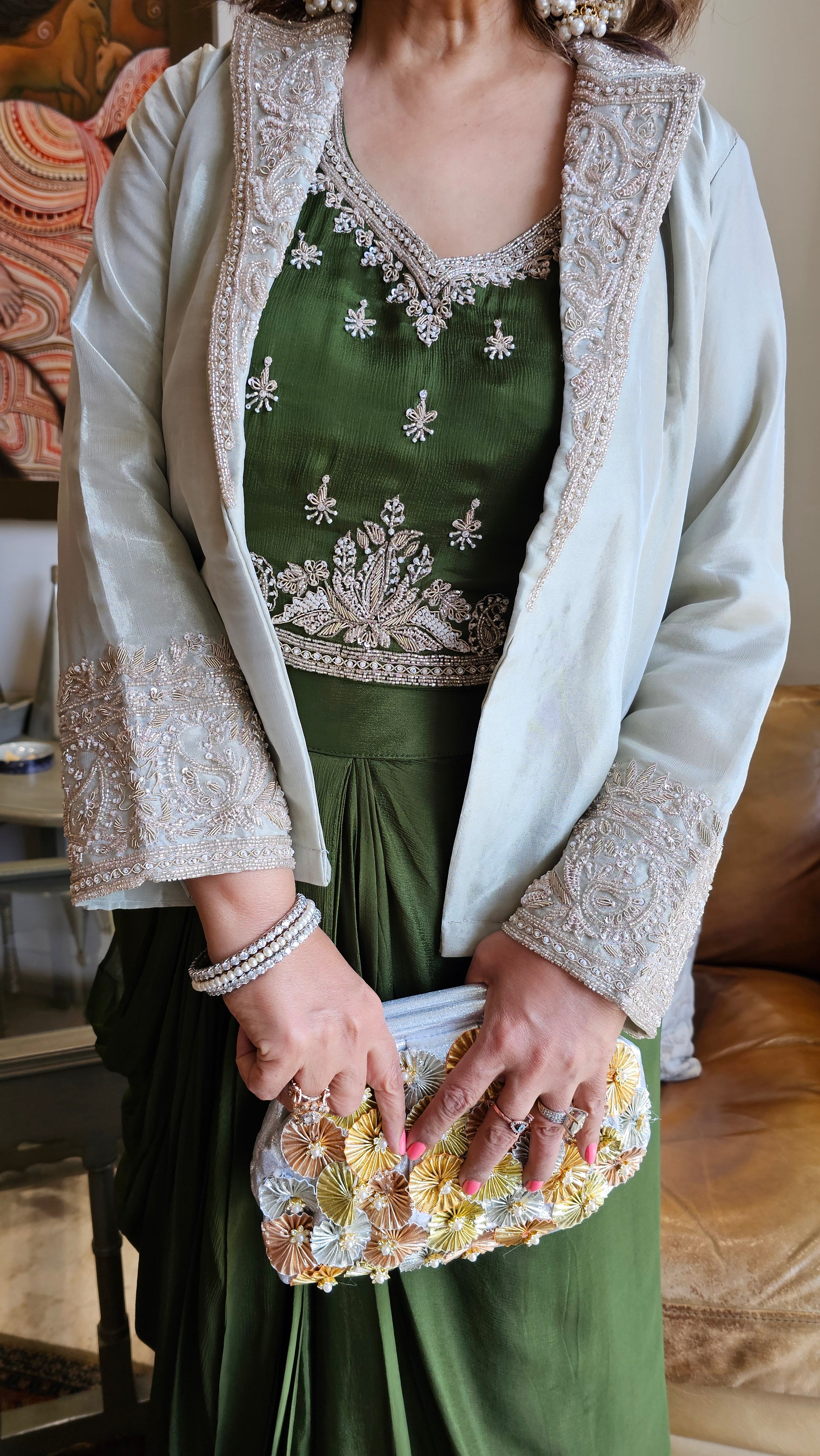 Stunning Tissue Silk Jacket with Chinon Georgette Top & Bottom with Full Hand Embroidery Work
