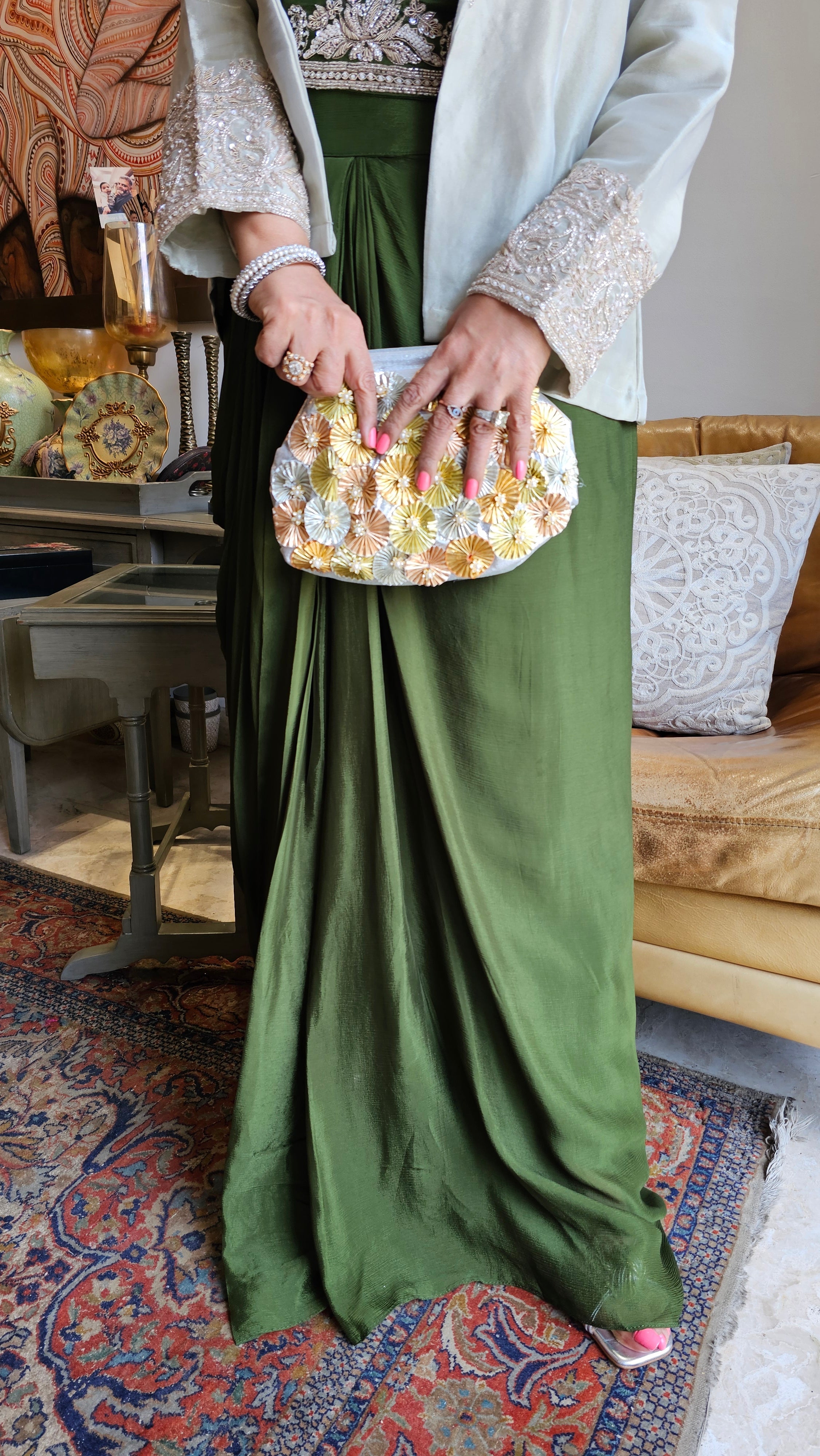 Stunning Tissue Silk Jacket with Chinon Georgette Top & Bottom with Full Hand Embroidery Work