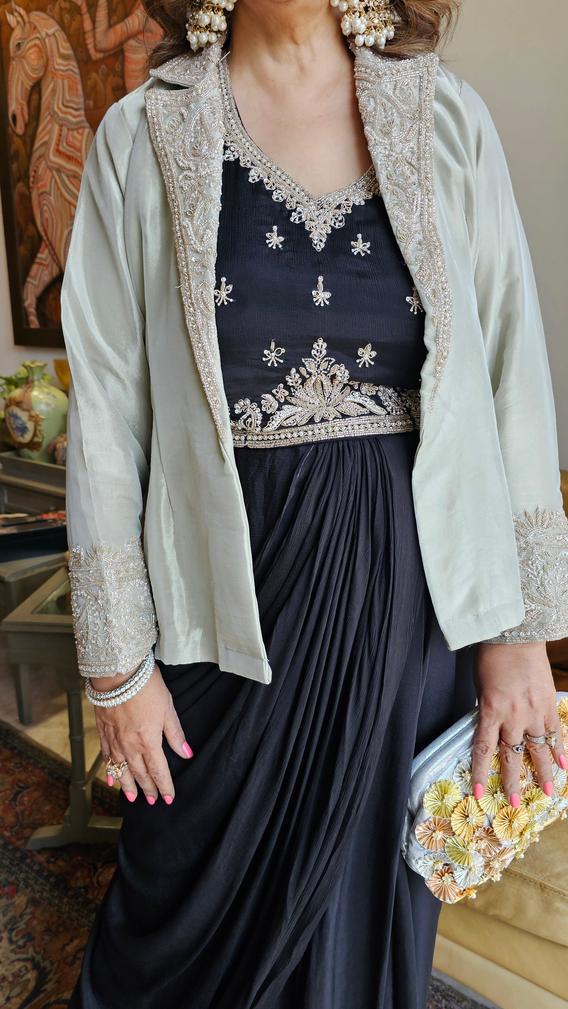 Stunning Tissue Silk Jacket with Chinon Georgette Top & Bottom with Full Hand Embroidery Work