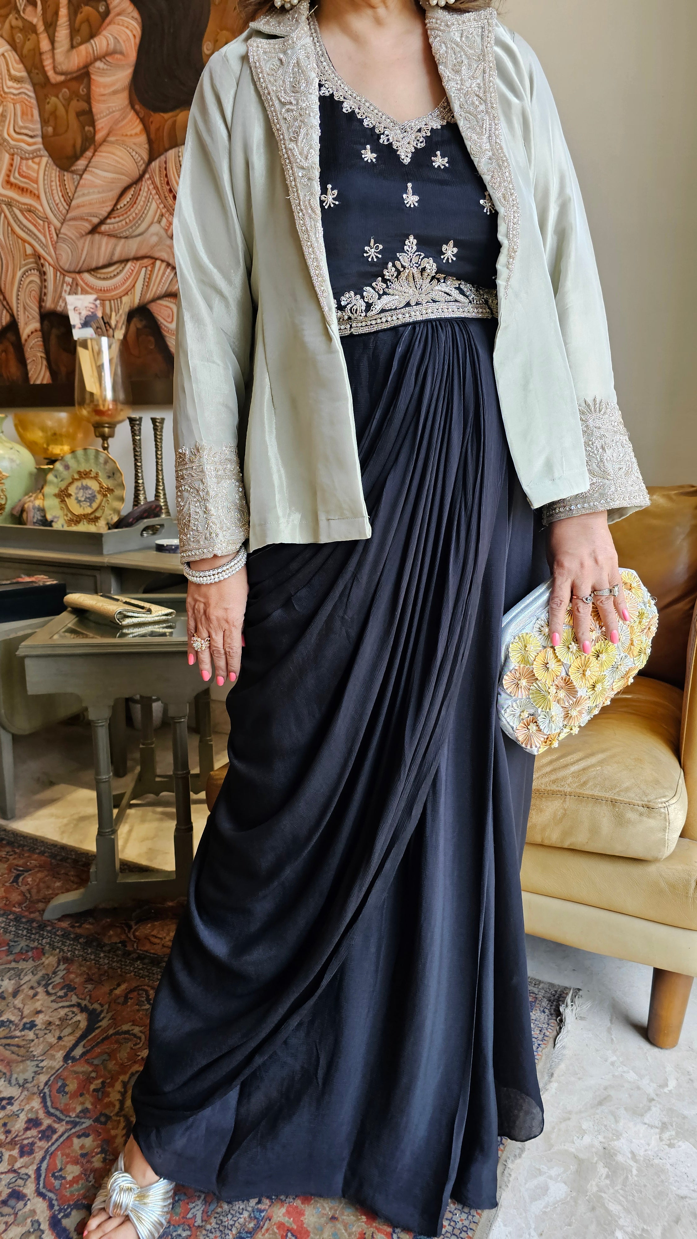 Stunning Tissue Silk Jacket with Chinon Georgette Top & Bottom with Full Hand Embroidery Work
