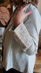 Stunning Tissue Silk Jacket with Chinon Georgette Top & Bottom with Full Hand Embroidery Work